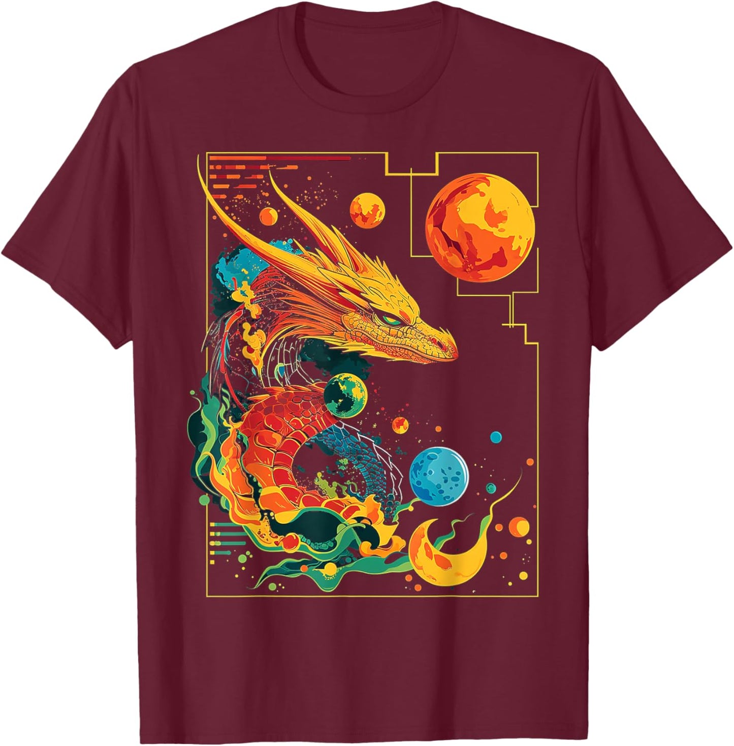Dragon Planets Abstract Painting Geometric Animal Art T-Shirt - T-Shirt | Maroon