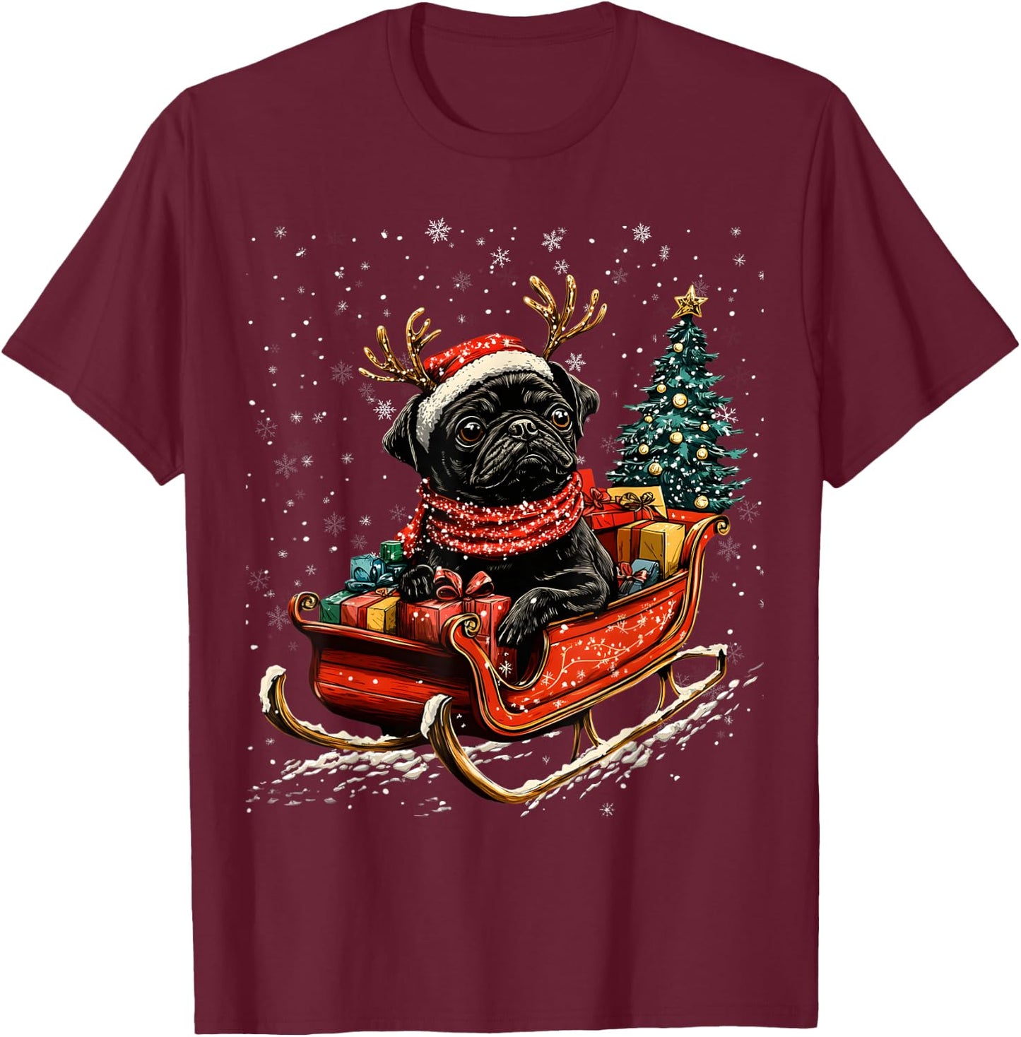 Santa Black Pug reindeer Light Christmas T-Shirt - T-Shirt | Maroon