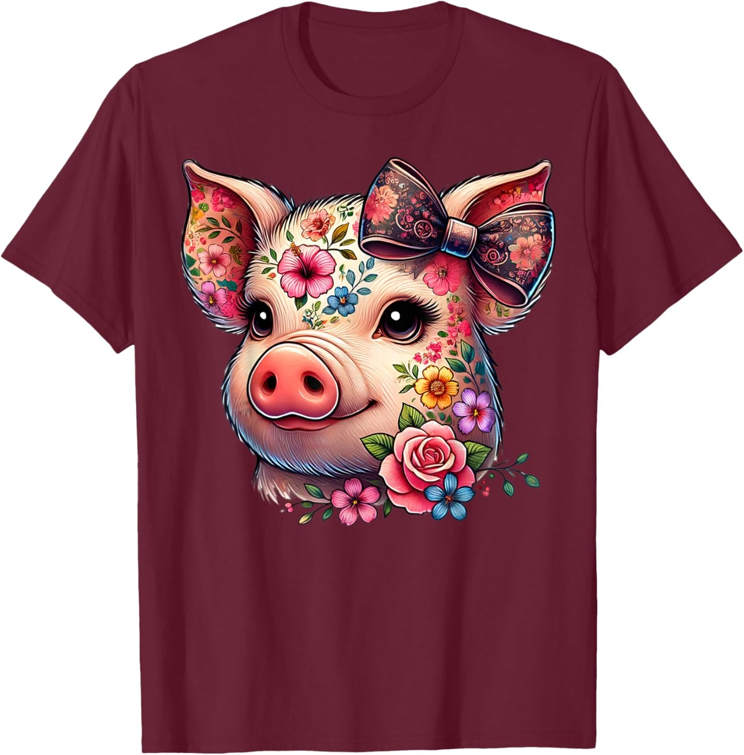 Adorable Pig Flower Graphic Pig Farm Animal Lovers and Girls , Black, S T-Shirt - T-Shirt | Maroon