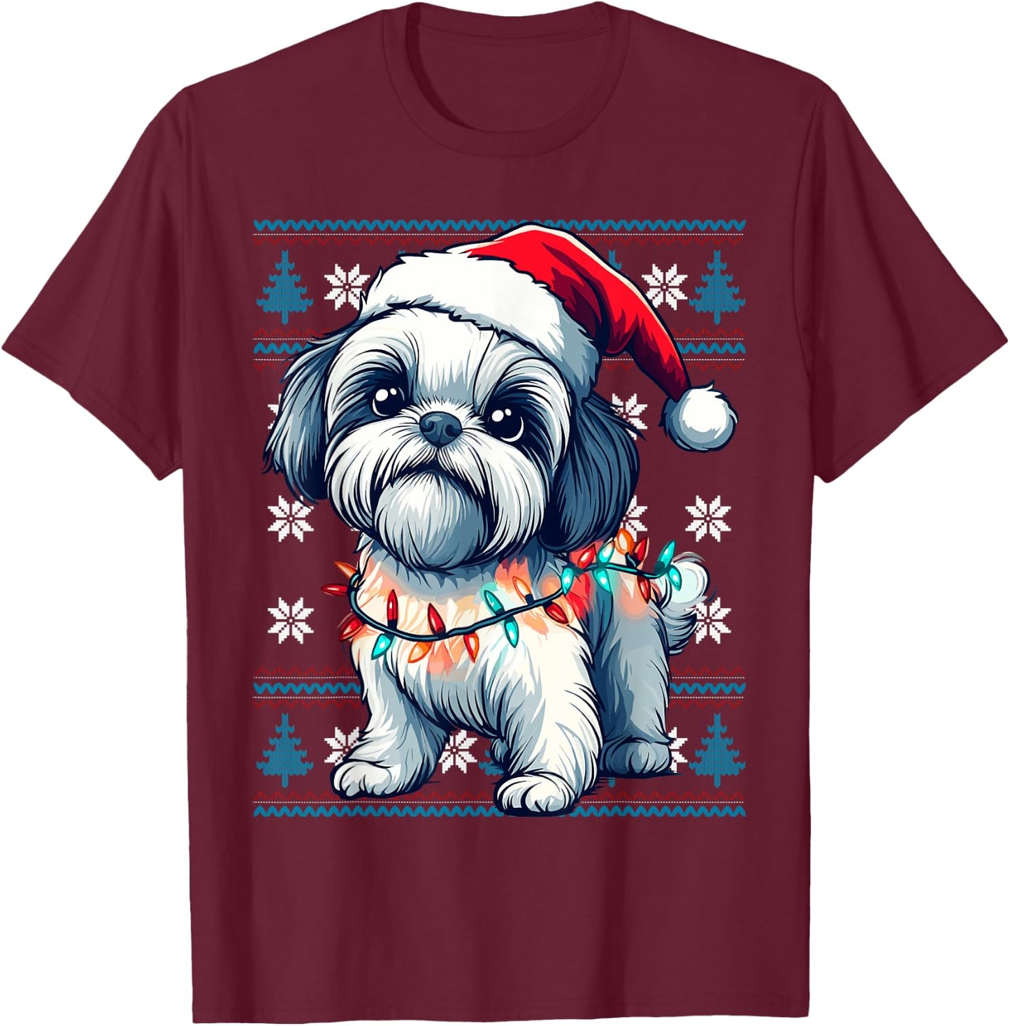 Shih Tzu Santa Xmas Tree Lights Shih Tzu Ugly Christmas T-Shirt - T-Shirt | Maroon