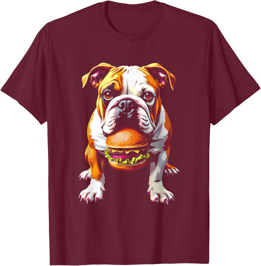 Bulldog Eats Hamburger - Funny Burger Dog Lover T-Shirt - T-Shirt | Maroon
