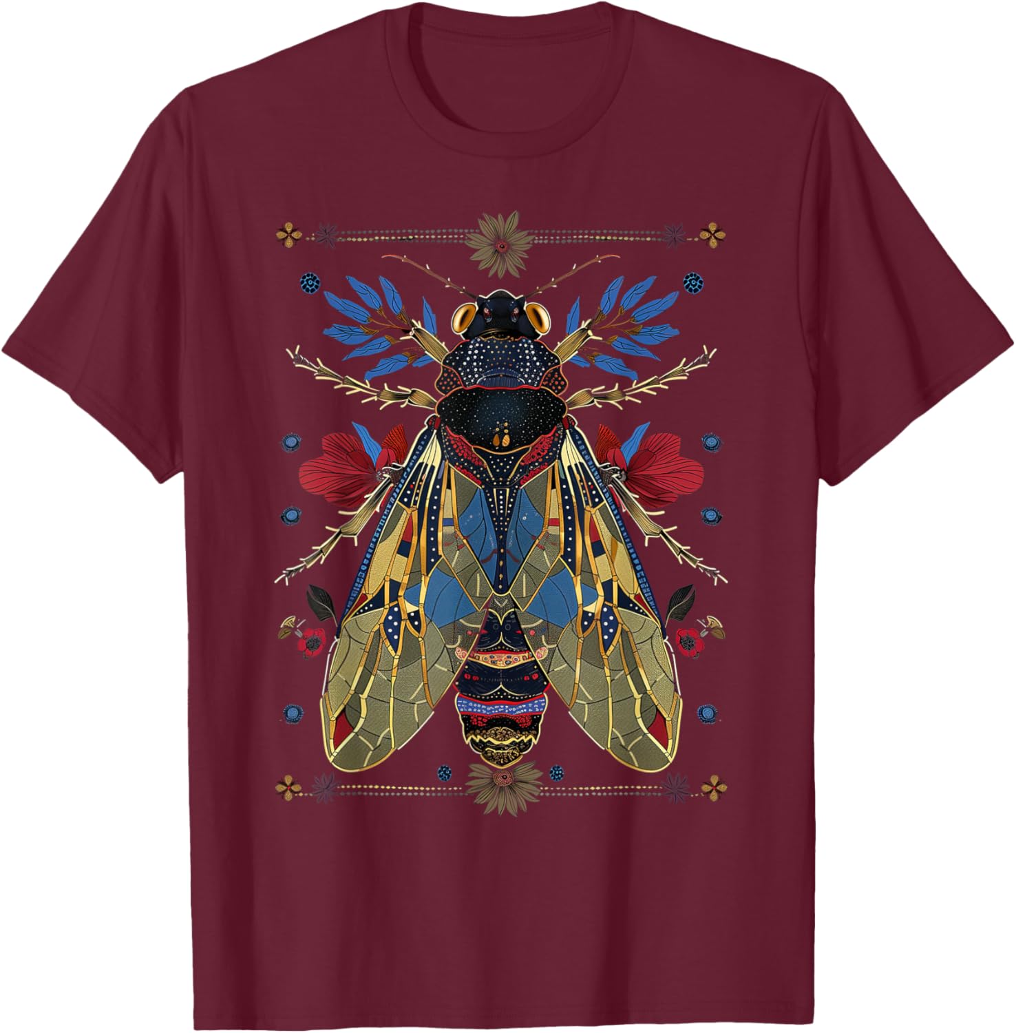 Cicadas Flowers Insects Beetle Vintage Tattoo Entomology T-Shirt - T-Shirt | Maroon