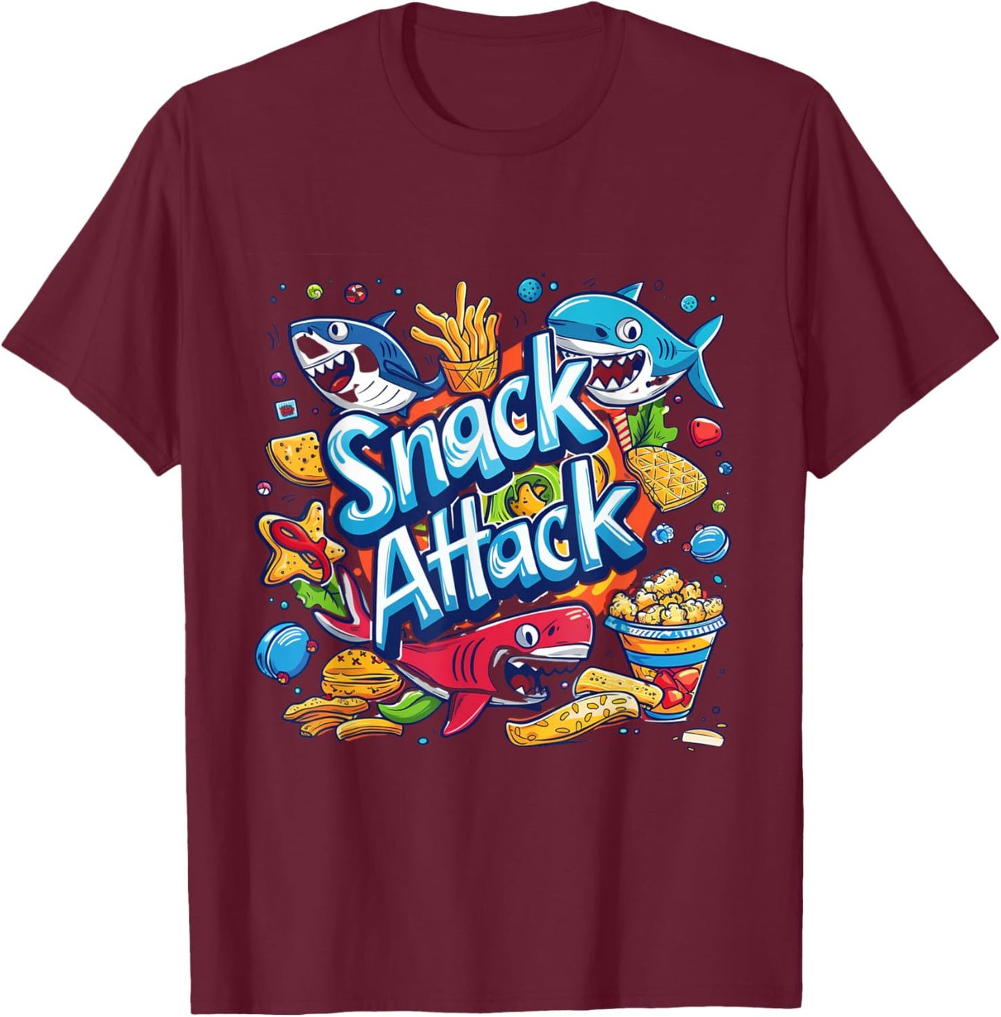Snack Attack Funny Food Foodie Munchies Children Kids Shark T-Shirt - T-Shirt | Maroon