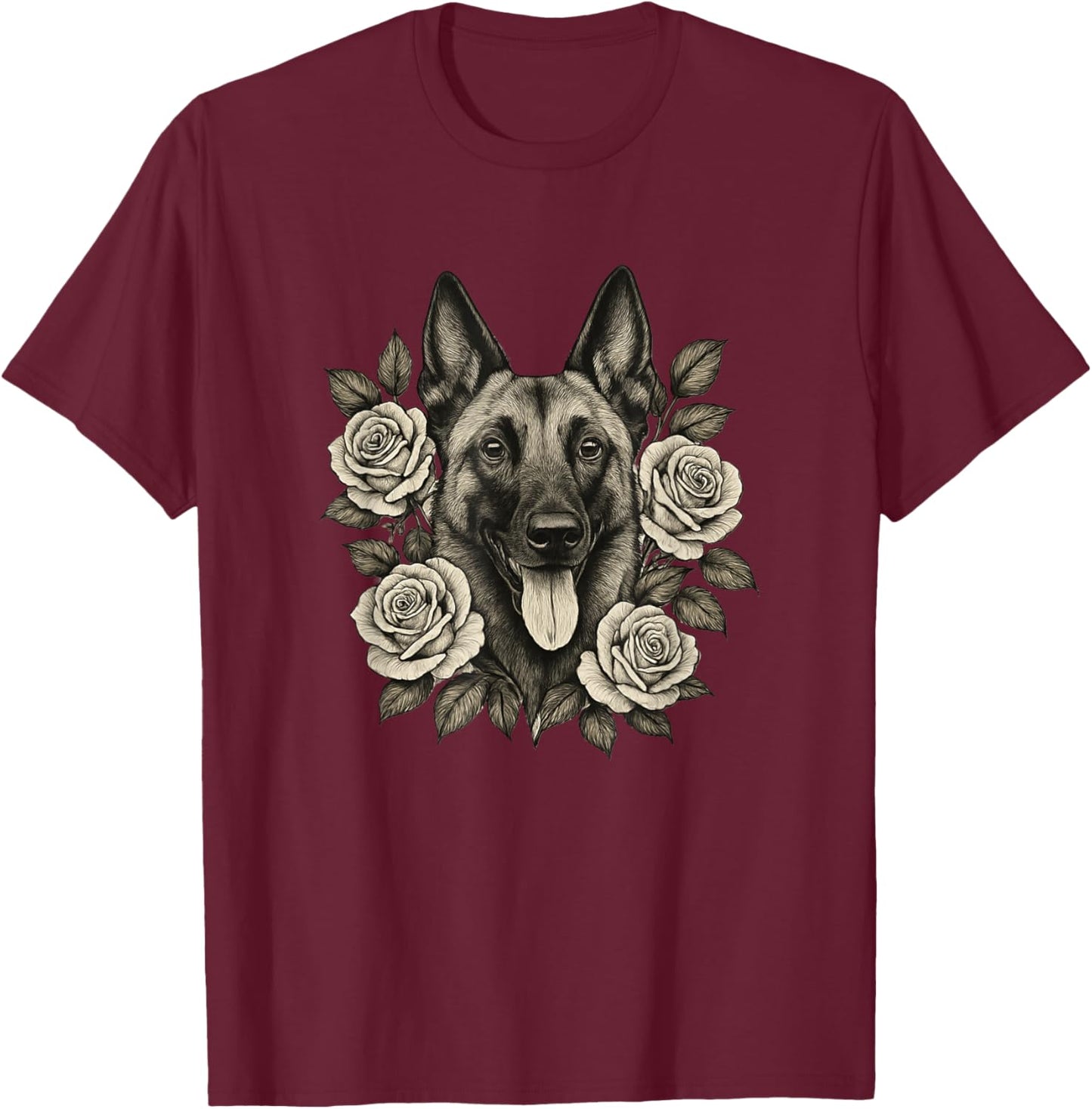 Belgian Malinois Vintage Roses Retro Tattoo T-Shirt - T-Shirt | Maroon