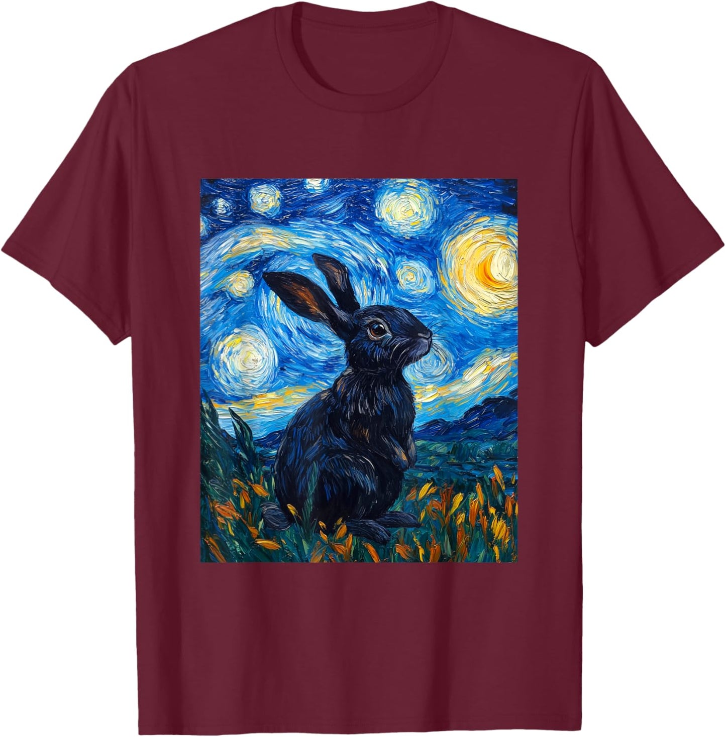 Cute Bunny Rabbit - Van Gogh Style - Starry Night T-Shirt - T-Shirt | Maroon