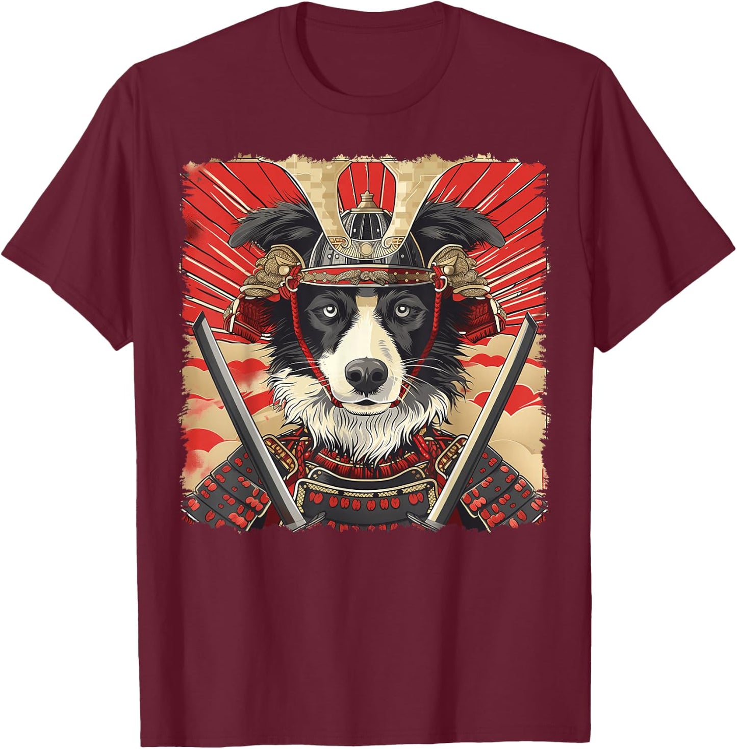 Border Collie Dog Japanese Art Samurai Ukiyo-e Vintage T-Shirt - T-Shirt | Maroon