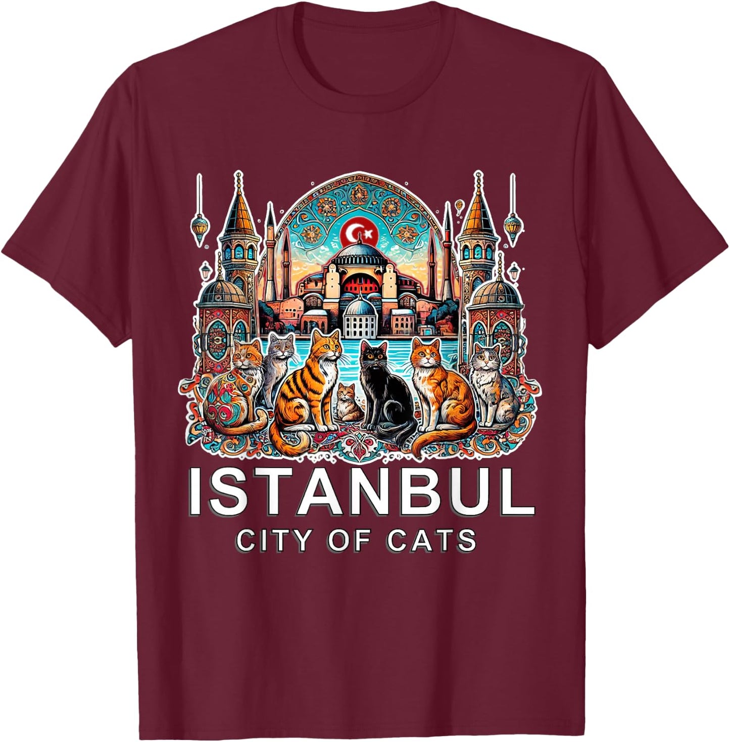 Travel to Istanbul - City of Cats, Turkey, White Font Ed T-Shirt - T-Shirt | Maroon