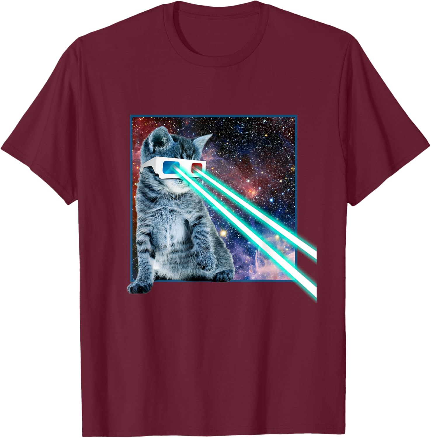 Laser Eye Cat | 3D Glasses | Kitty Galaxy Space Xmas Gift Women Kids T-Shirt - T-Shirt | Maroon