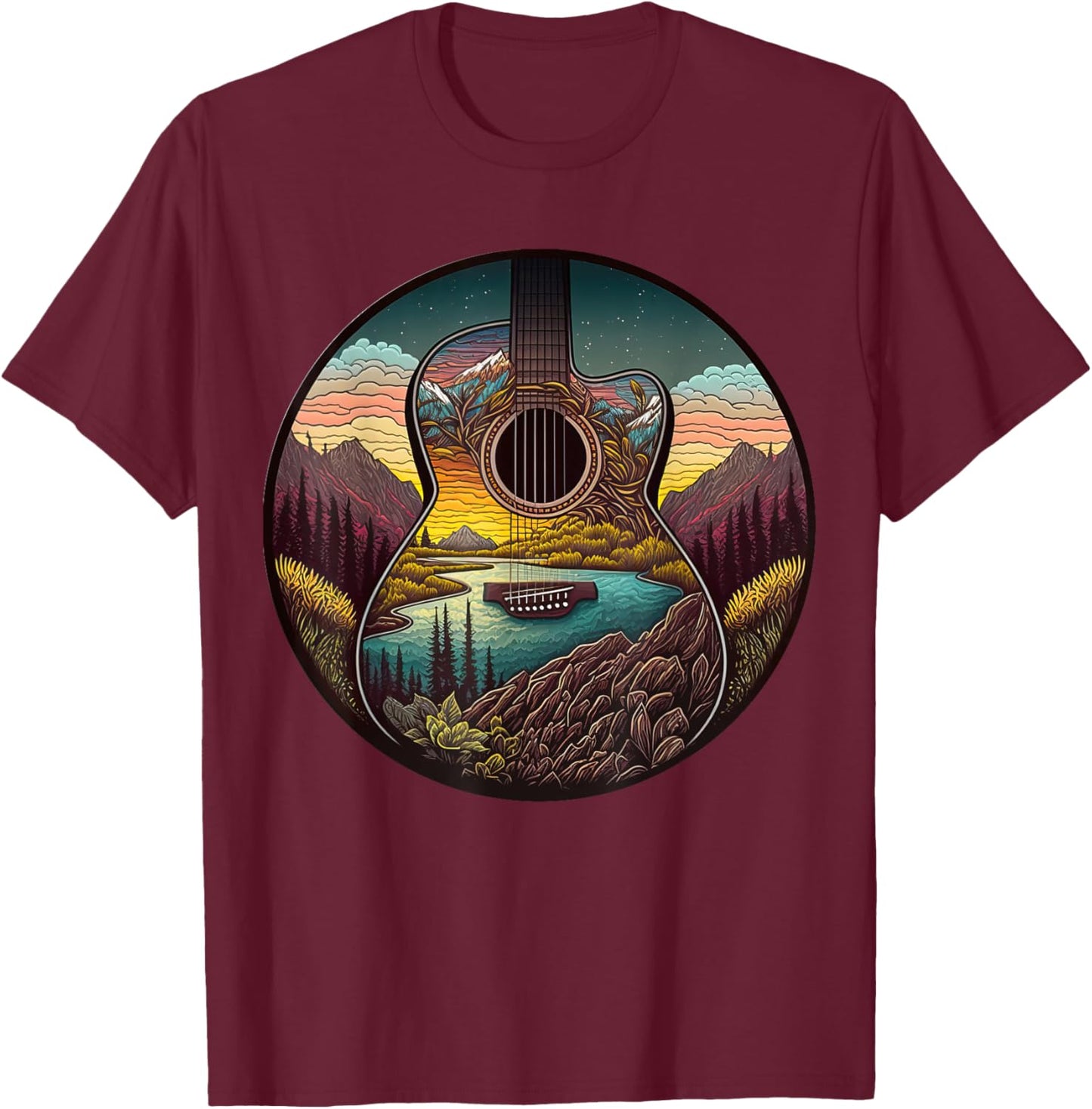 Guitar Landscape Music Lover- Acoustic Guitar Player Graphic T-Shirt - T-Shirt | Maroon