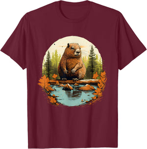 Beaver Wildlife Nature Animal Lover Artwork Forest Motif T-Shirt - T-Shirt | Maroon