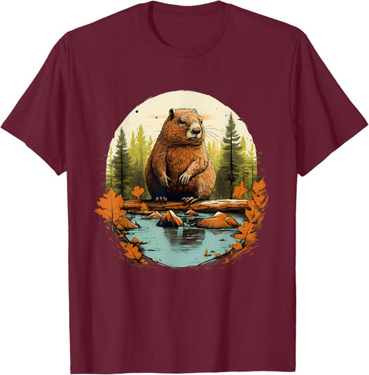 Beaver Wildlife Nature Animal Lover Artwork Forest Motif T-Shirt - T-Shirt | Maroon