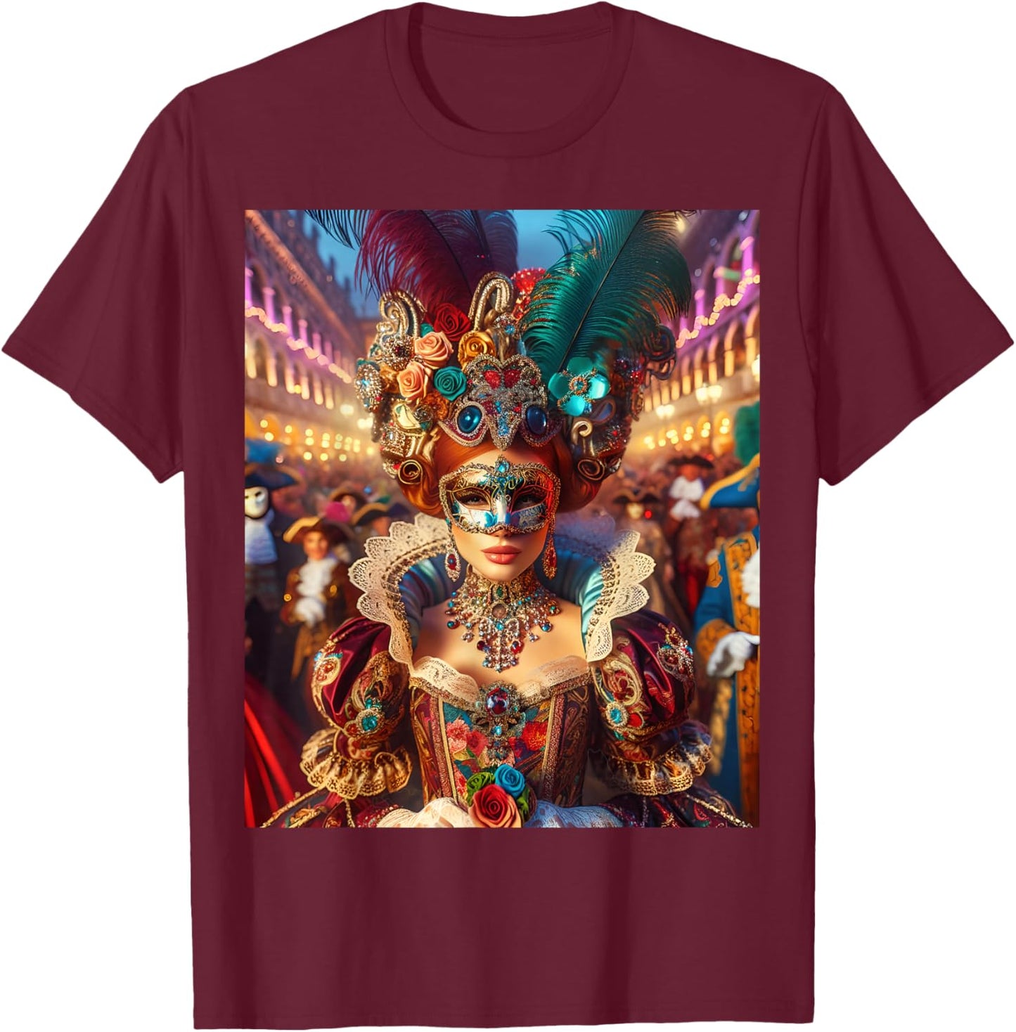 Fantasy Cute Lady Mask Venice T-Shirt - T-Shirt | Maroon