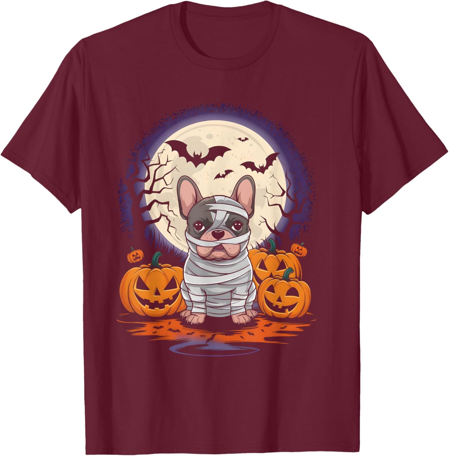 Spooky French Bulldog Mummy Full Moon - Halloween Dog T-Shirt - T-Shirt | Maroon