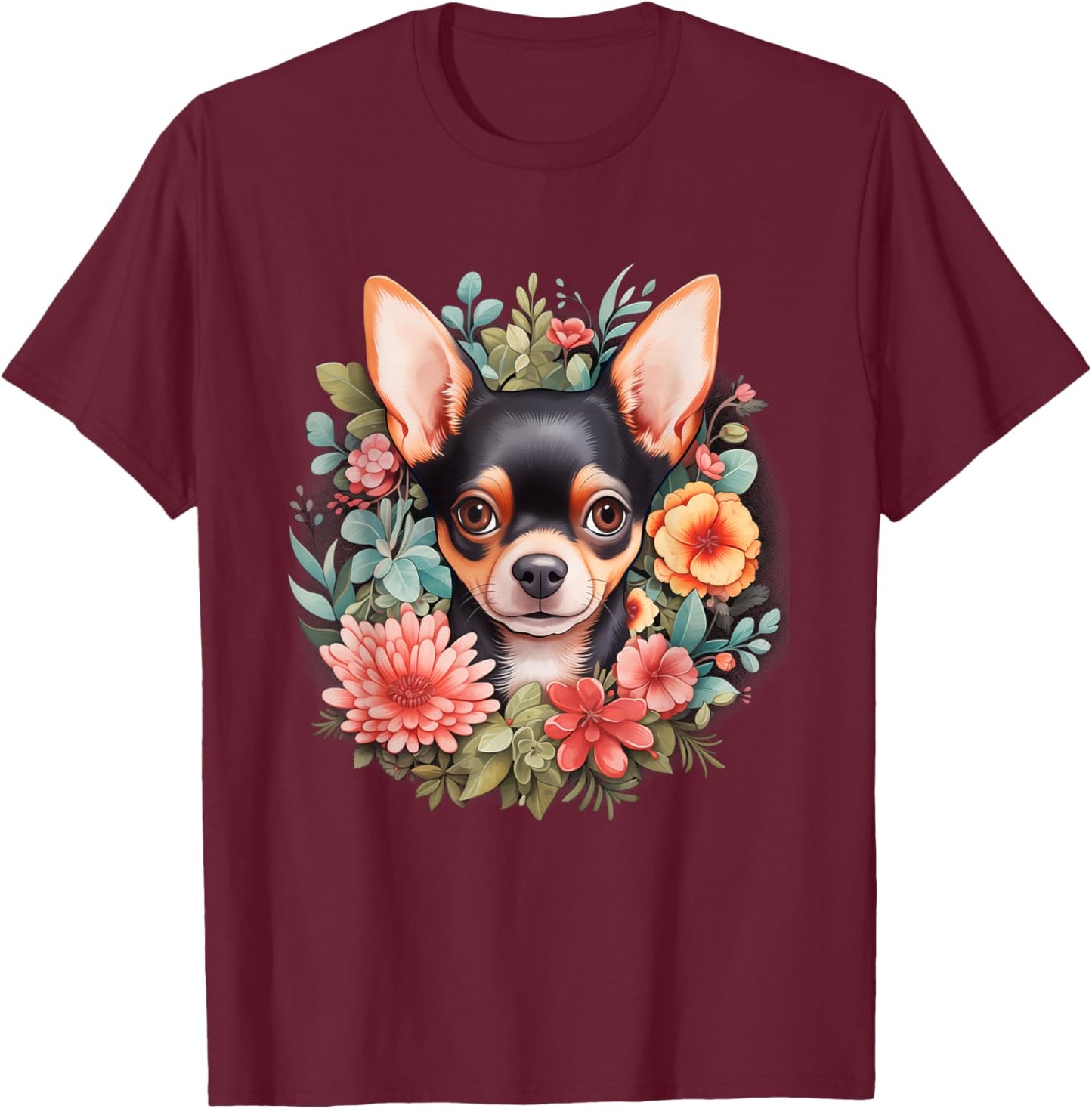 Chihuahua Mom Floral Dog Lover Vintage Flowers Cute T-Shirt - T-Shirt | Maroon