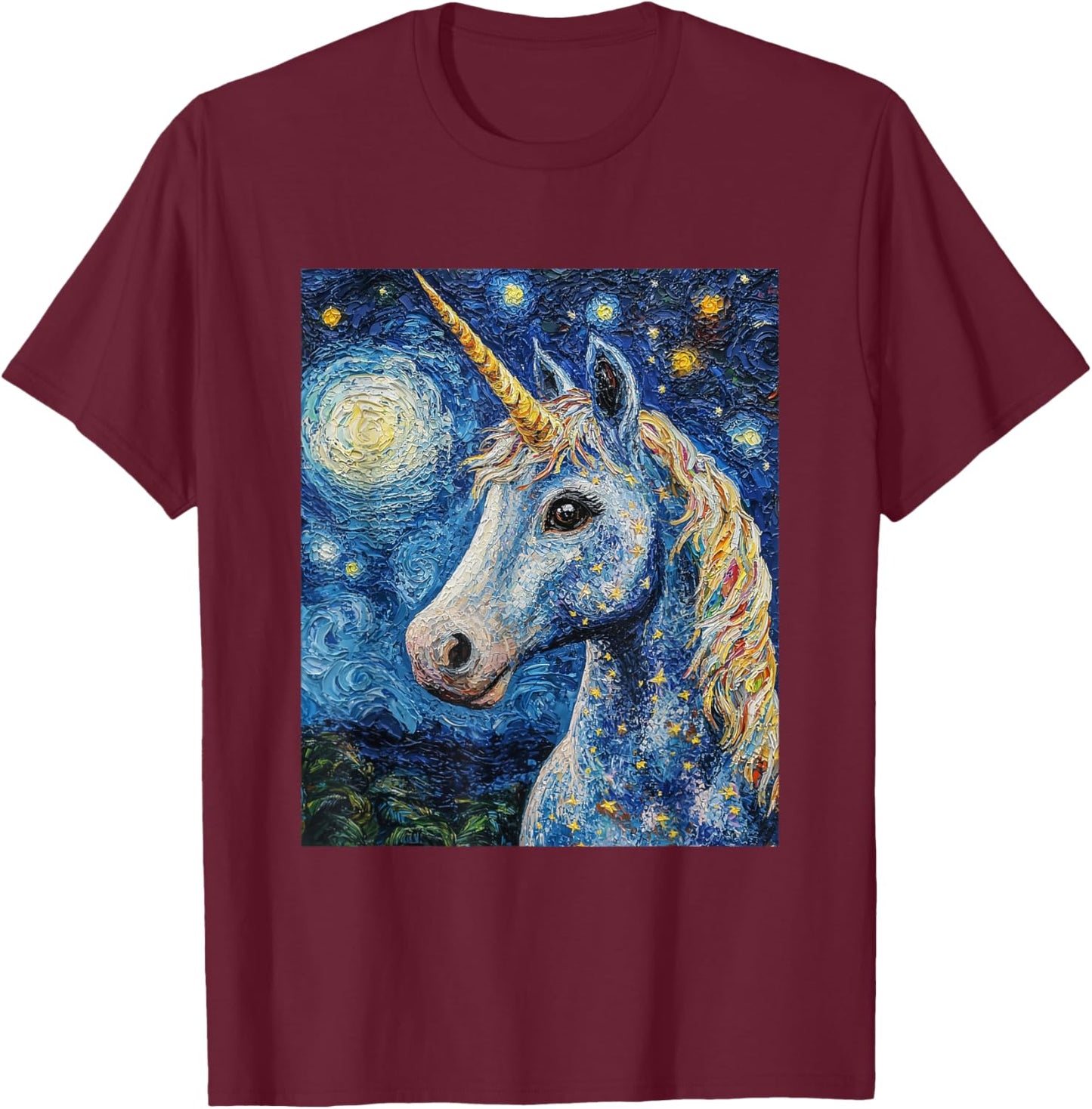 Cute Unicorn - Van Gogh Style - Starry Night T-Shirt - T-Shirt | Maroon