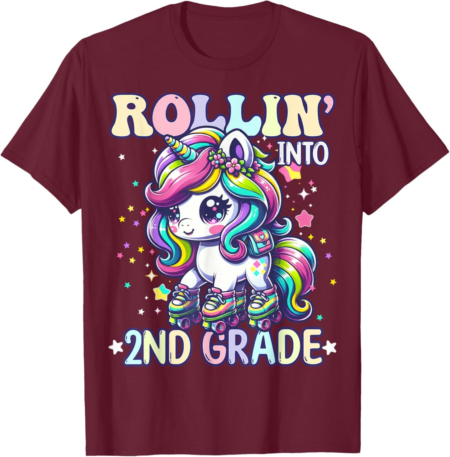 2nd Grade Back To School First Day Girl Rollin Unicorn T-Shirt - T-Shirt | Maroon