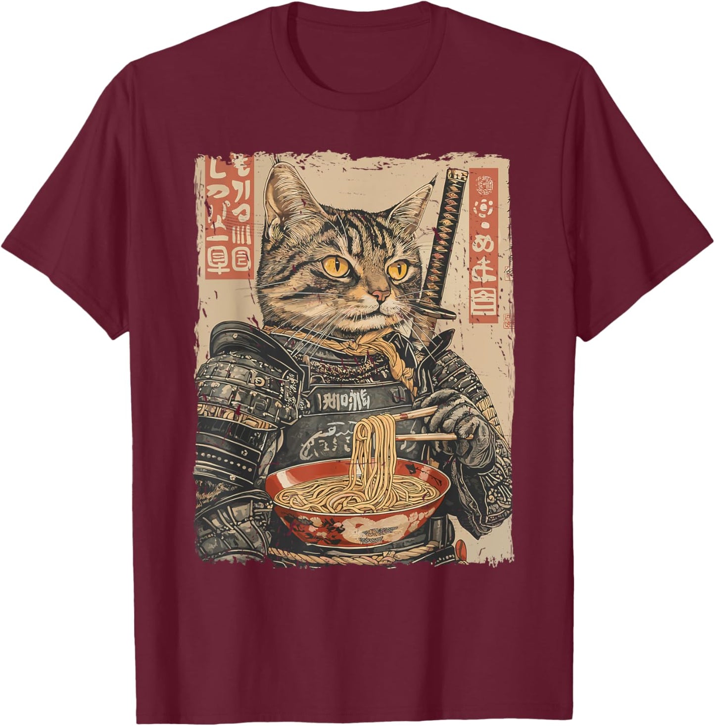 Samurai Cat Loves Ramen Funny Anime Japanese Artwork Samurai T-Shirt - T-Shirt | Maroon