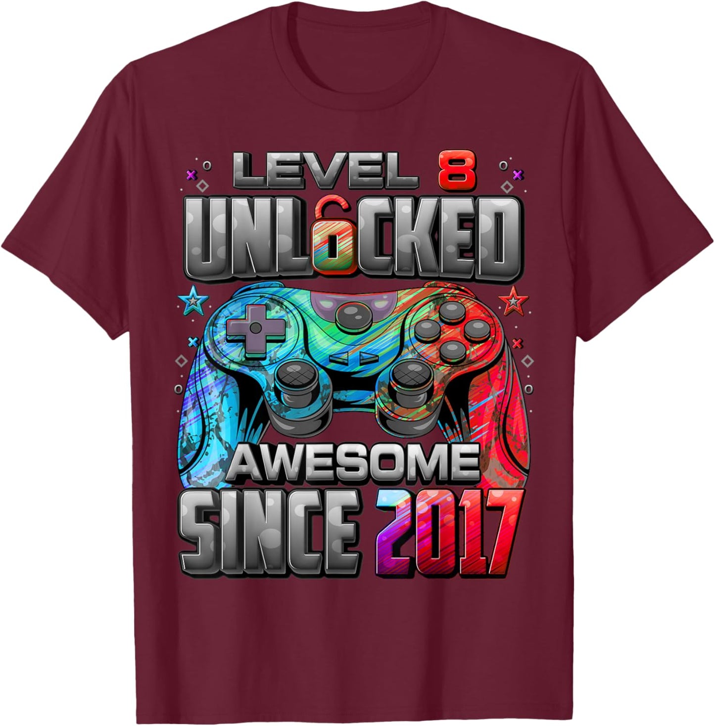 Level 8 Unlocked Awesome Since 2017 8th Birthday Gaming T-Shirt - T-Shirt | Maroon