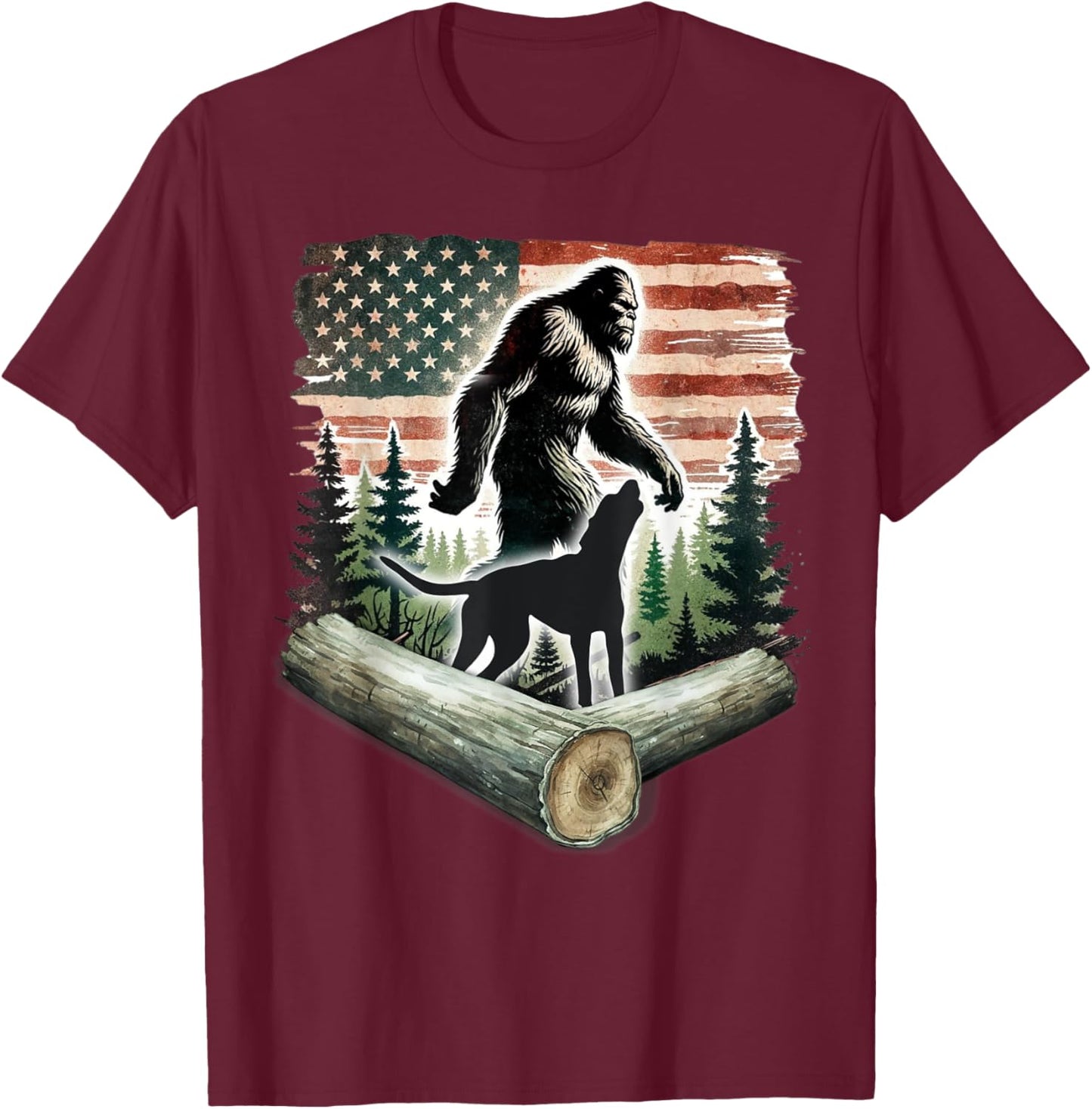 Bigfoot Coon Hunting with Treeing Walker Coonhound Dog T-Shirt - T-Shirt | Maroon