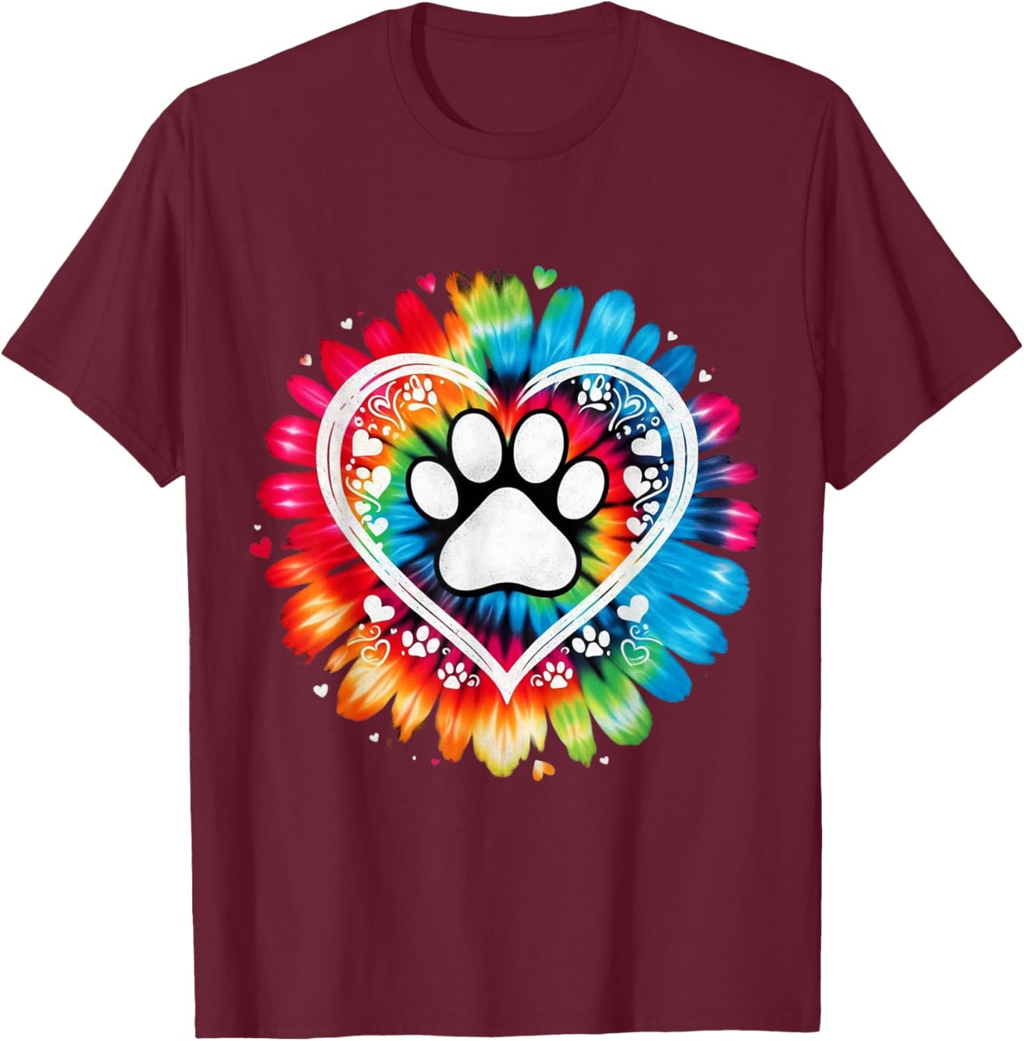 Tie Dye Love Dog Paw Print Heart Animal Lover T-Shirt - T-Shirt | Maroon