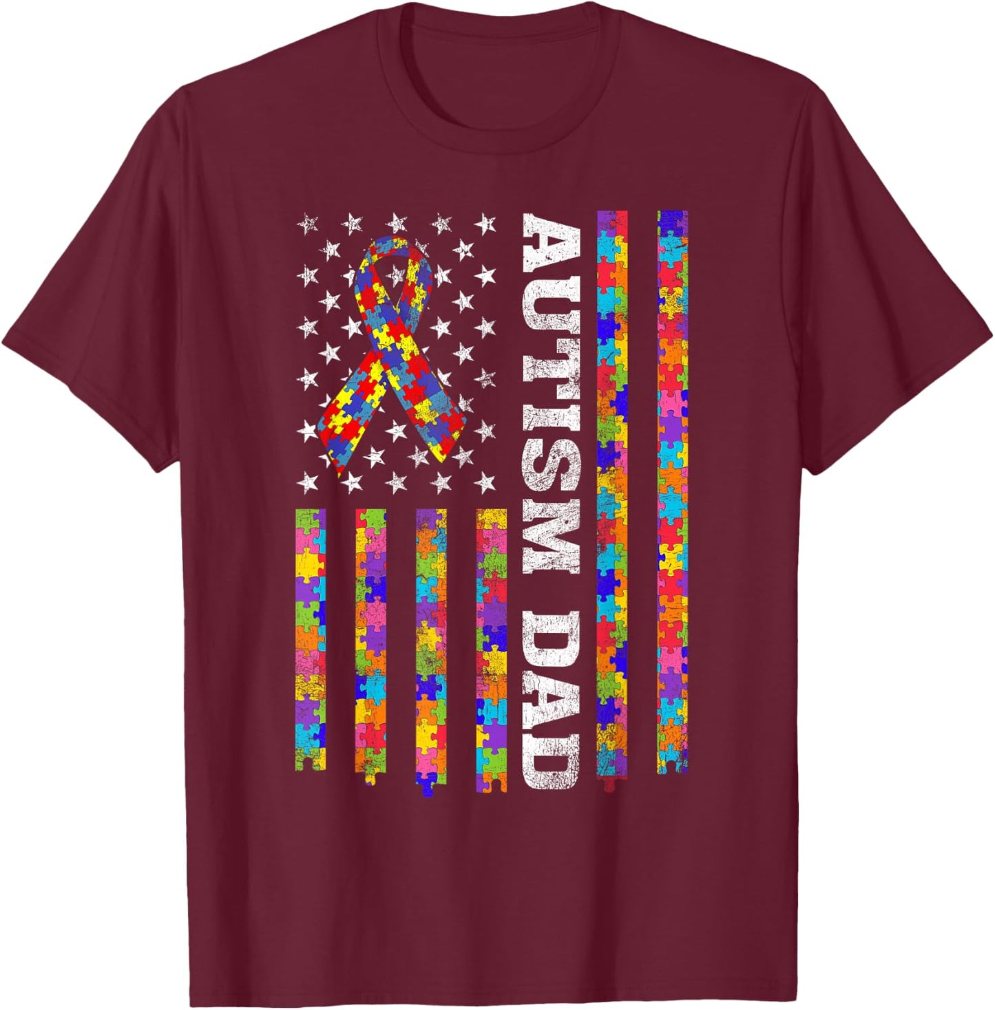 Proud Autism Dad Puzzle Piece Ribbon US American Flag Women Kids Men T-Shirt - T-Shirt | Maroon
