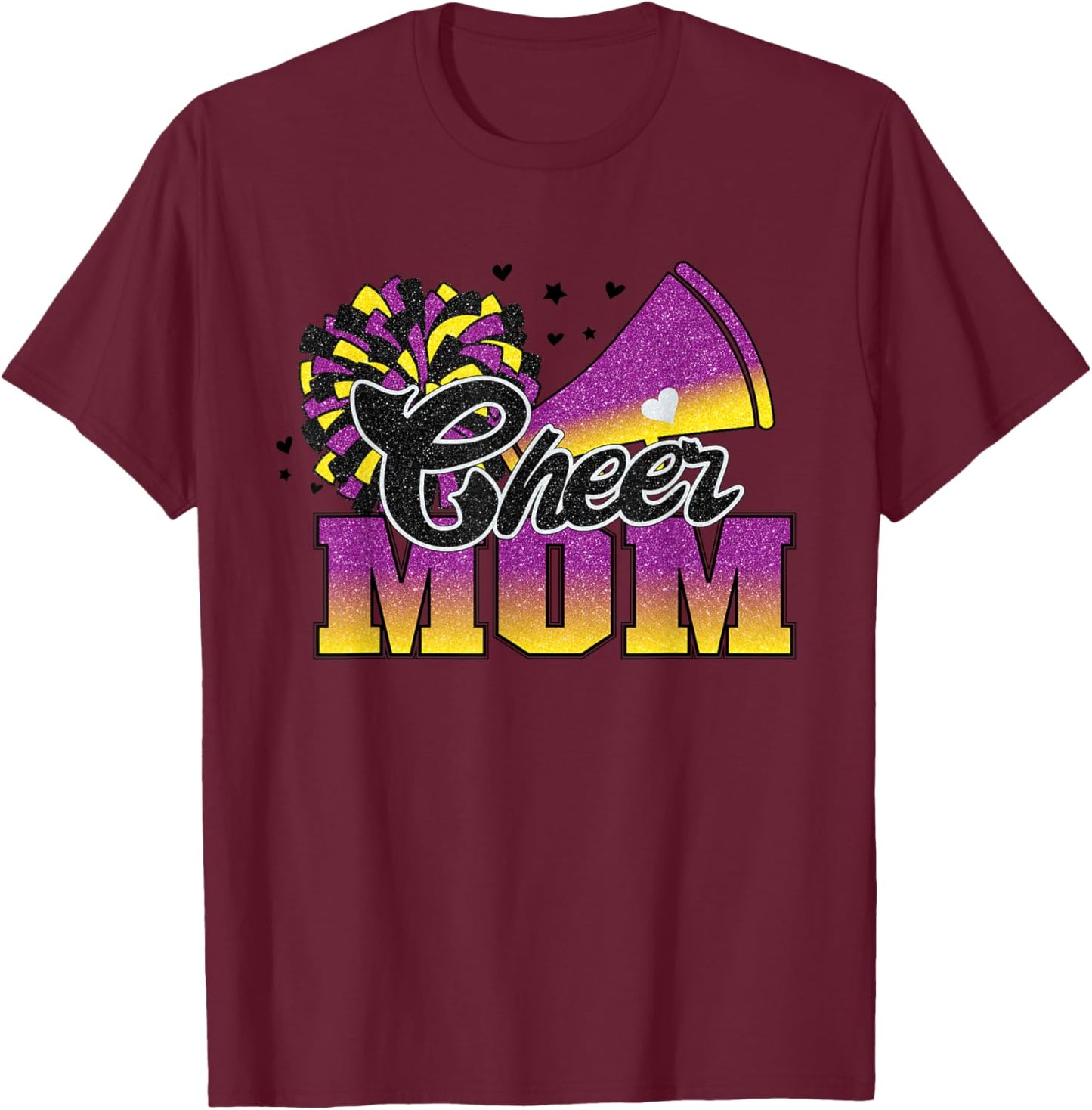 Football Cheer Mom Purple Yellow Black Pom Leopard T-Shirt - T-Shirt | Maroon