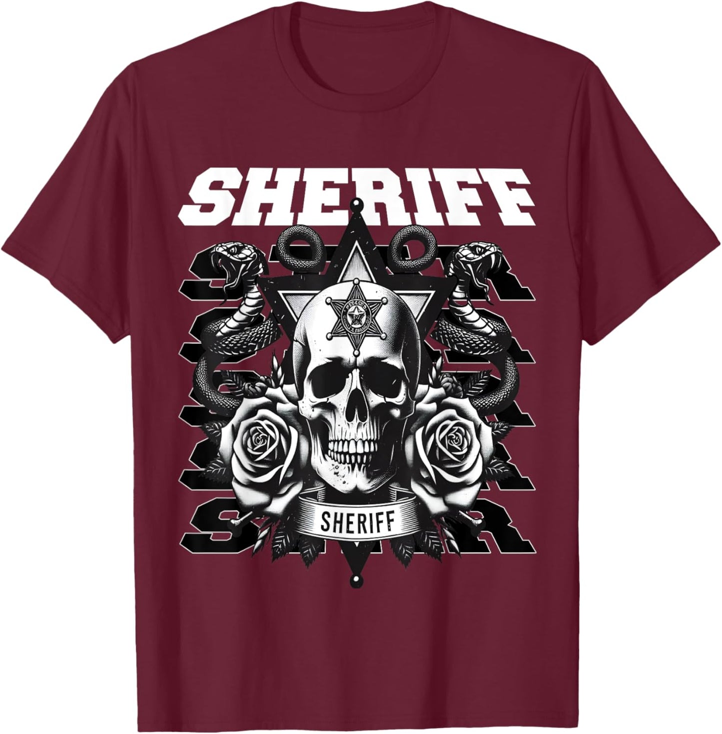 Sheriff Star Snakes and Roses T-Shirt - T-Shirt | Maroon