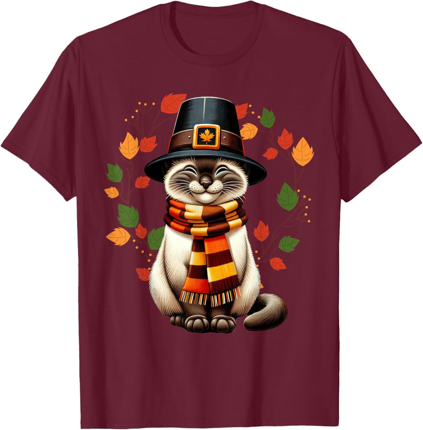 Siamese Cat Pilgrim Thanksgiving Fall Turkey, Women Girls T-Shirt - T-Shirt | Maroon