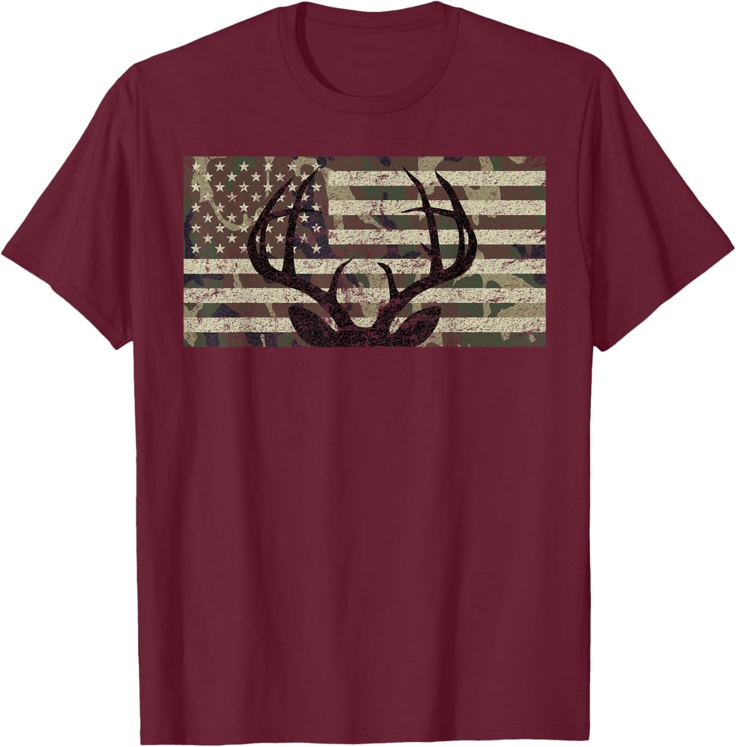 Deer Hunting Camo American Flag Buck Antlers Hunter Country T-Shirt - T-Shirt | Maroon