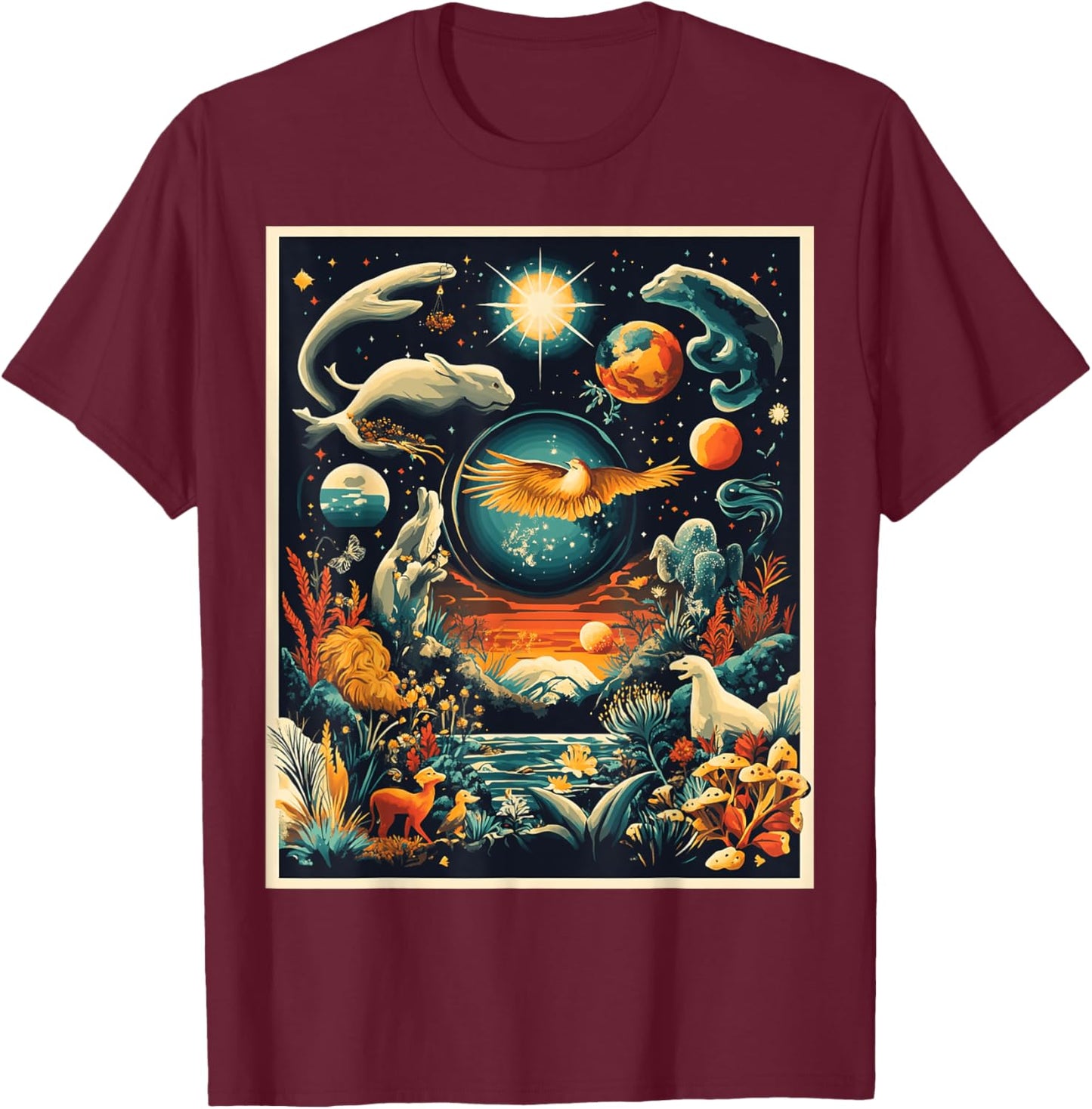 Whimsical Fantasy Nature Scene Art T-Shirt - T-Shirt | Maroon