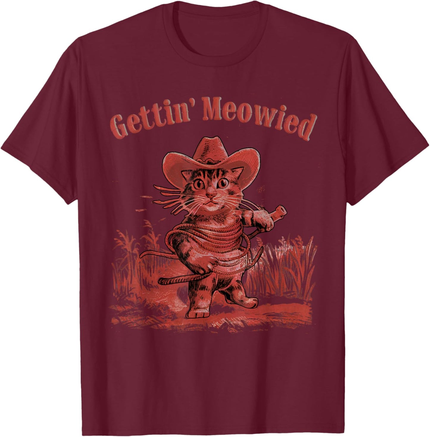 Gettin' Meowied Cat Cowboys Western Love Meowdy Fun Graphic T-Shirt - T-Shirt | Maroon
