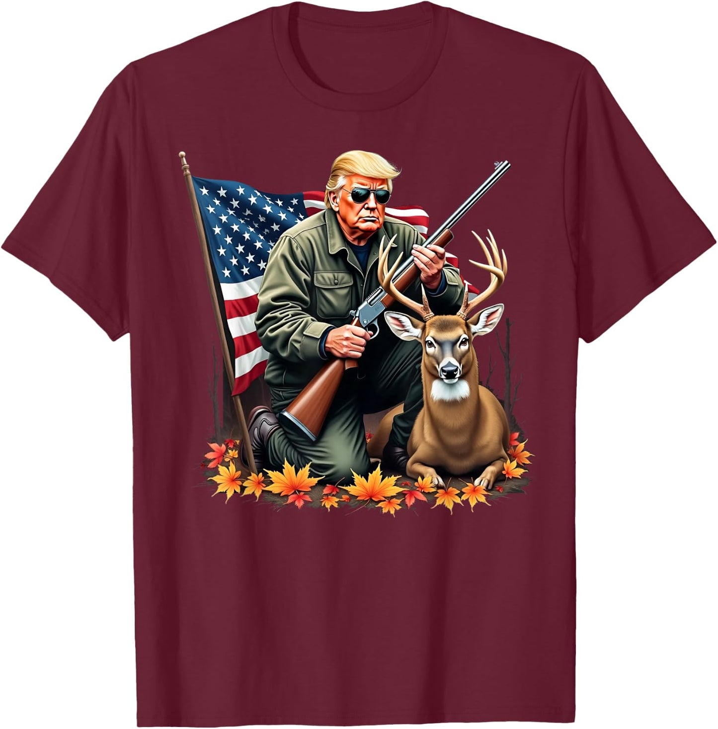 Hunting Deer Season Vintage Trump USA Flag Camouflage T-Shirt - T-Shirt | Maroon