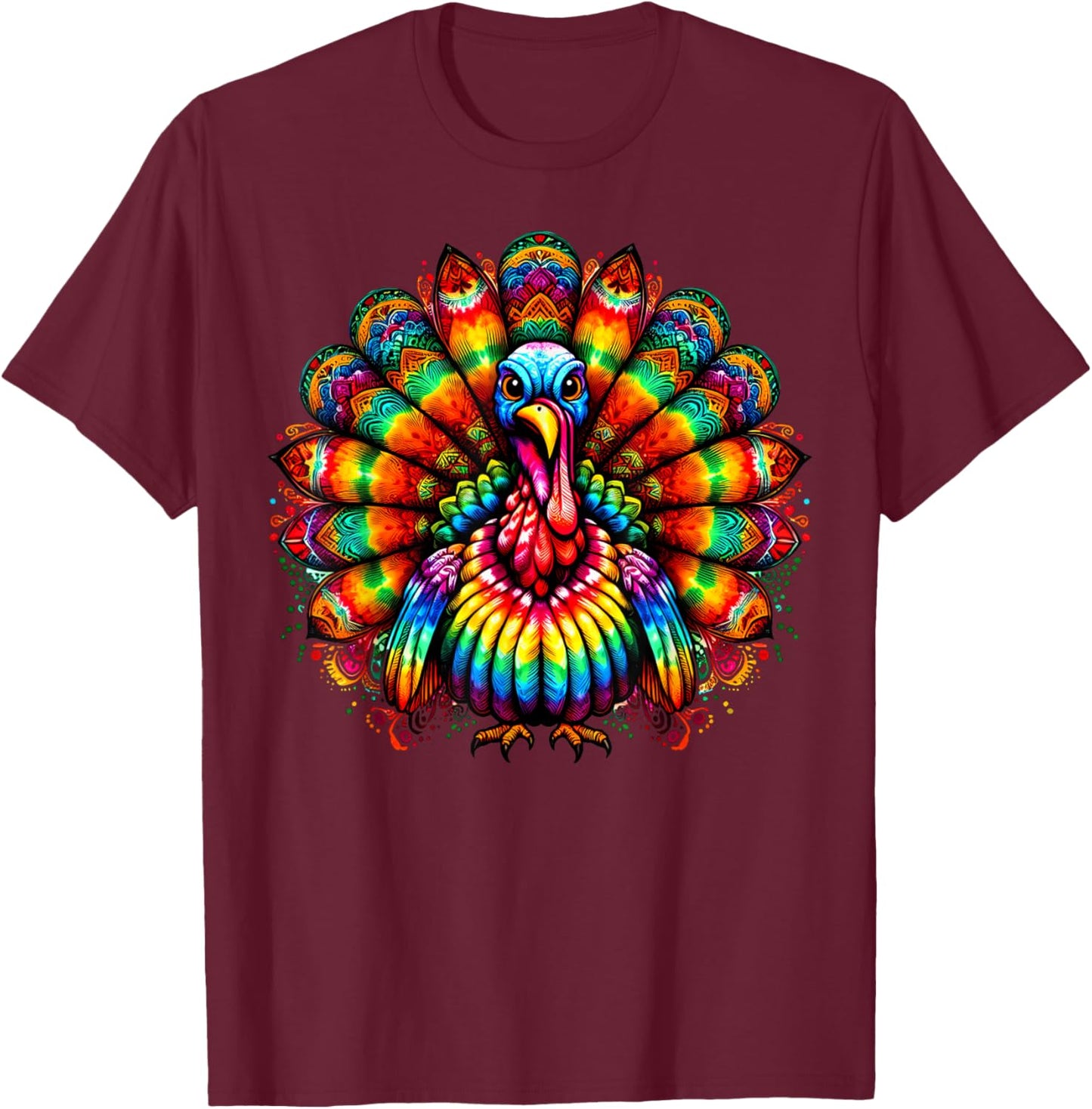 Cool Turkey Thanksgiving Spirit Animal Illustration Tie Dye T-Shirt - T-Shirt | Maroon