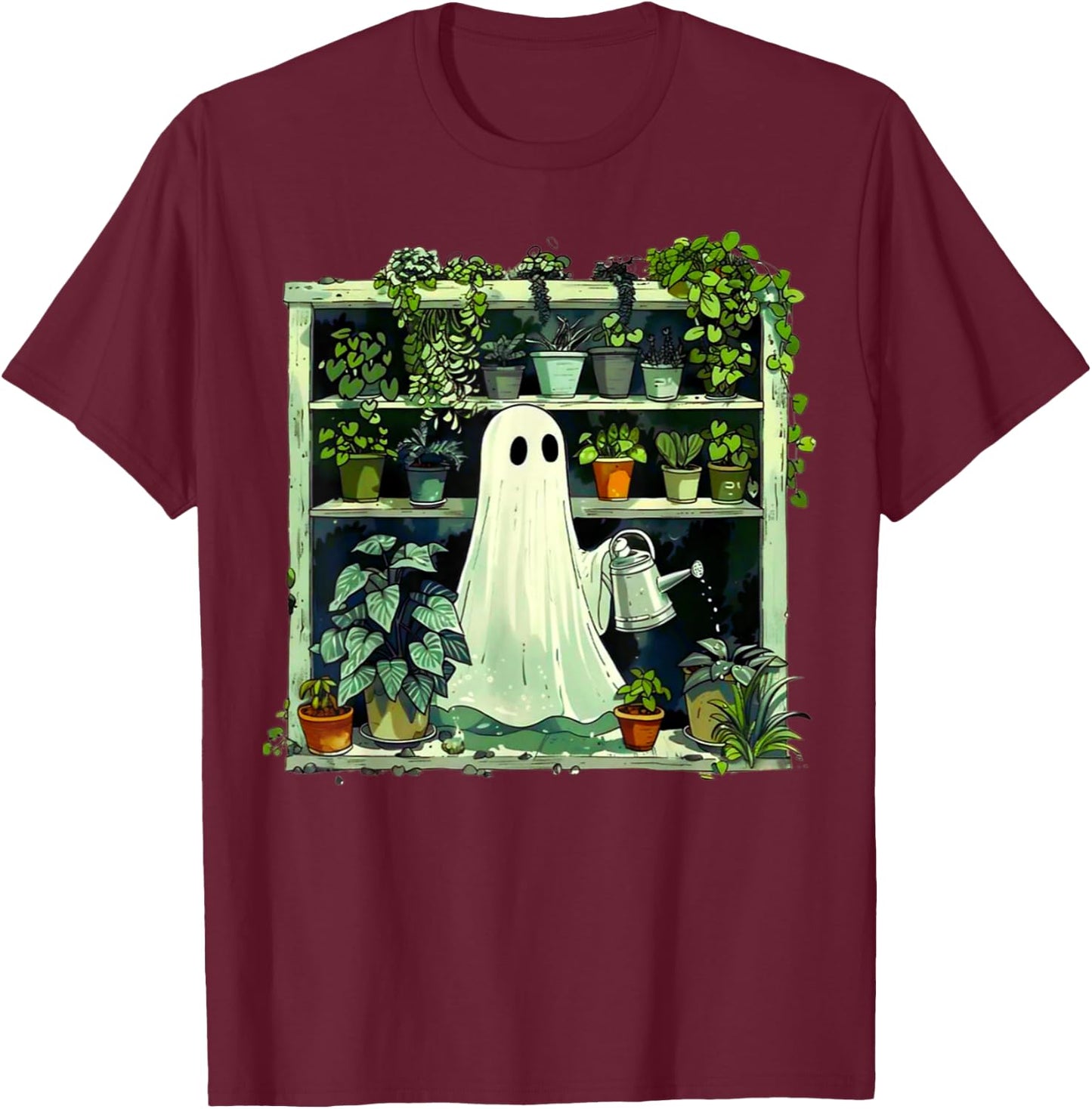 Spooky Ghost Watering Plants Funny Halloween Garden Lover T-Shirt - T-Shirt | Maroon