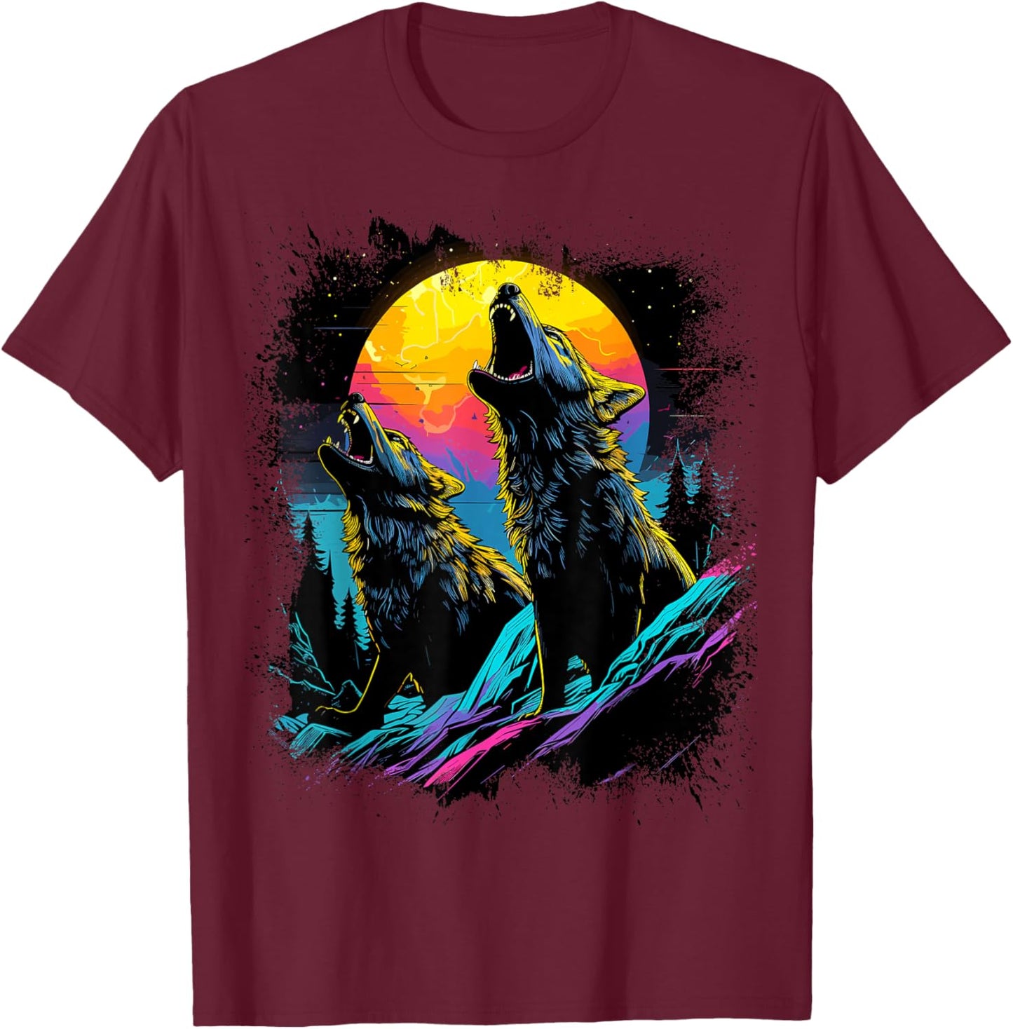 Wolves Moon Howling Wolf T-Shirt - T-Shirt | Maroon