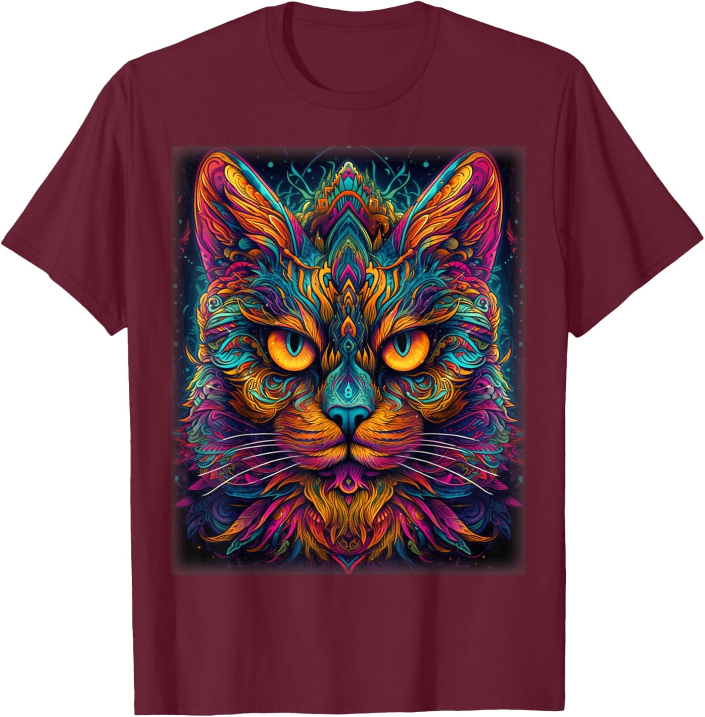 Colorful Cat | Psychedelic Art Trippy Hippie Girls Men Women T-Shirt - T-Shirt | Maroon