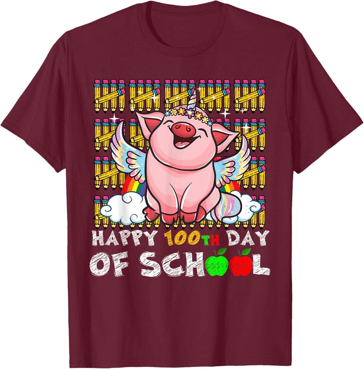 Happy 100th Day Of School Pig Funny Teacher Student Kids T-Shirt - T-Shirt | Maroon