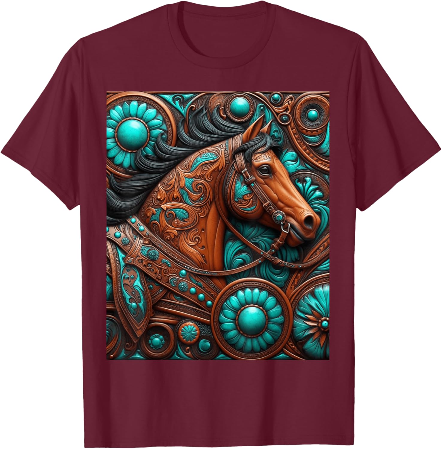 Turquoise and Chocolate Tooled Horse T-Shirt - T-Shirt | Maroon