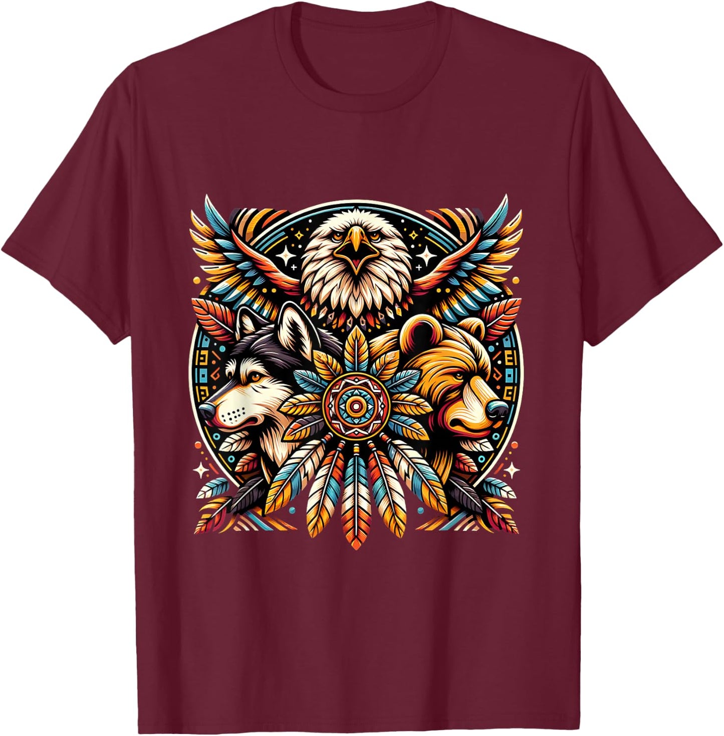 Native American Tribal Animals Bear Wolf Eagle Bohemian T-Shirt - T-Shirt | Maroon