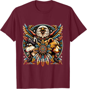 Native American Tribal Animals Bear Wolf Eagle Bohemian T-Shirt - T-Shirt | Maroon
