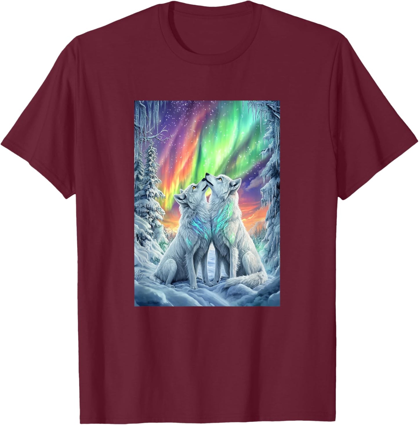 Colorful Northern Lights Wolves Nature Mtn Winter Girls Wolf T-Shirt - T-Shirt | Maroon