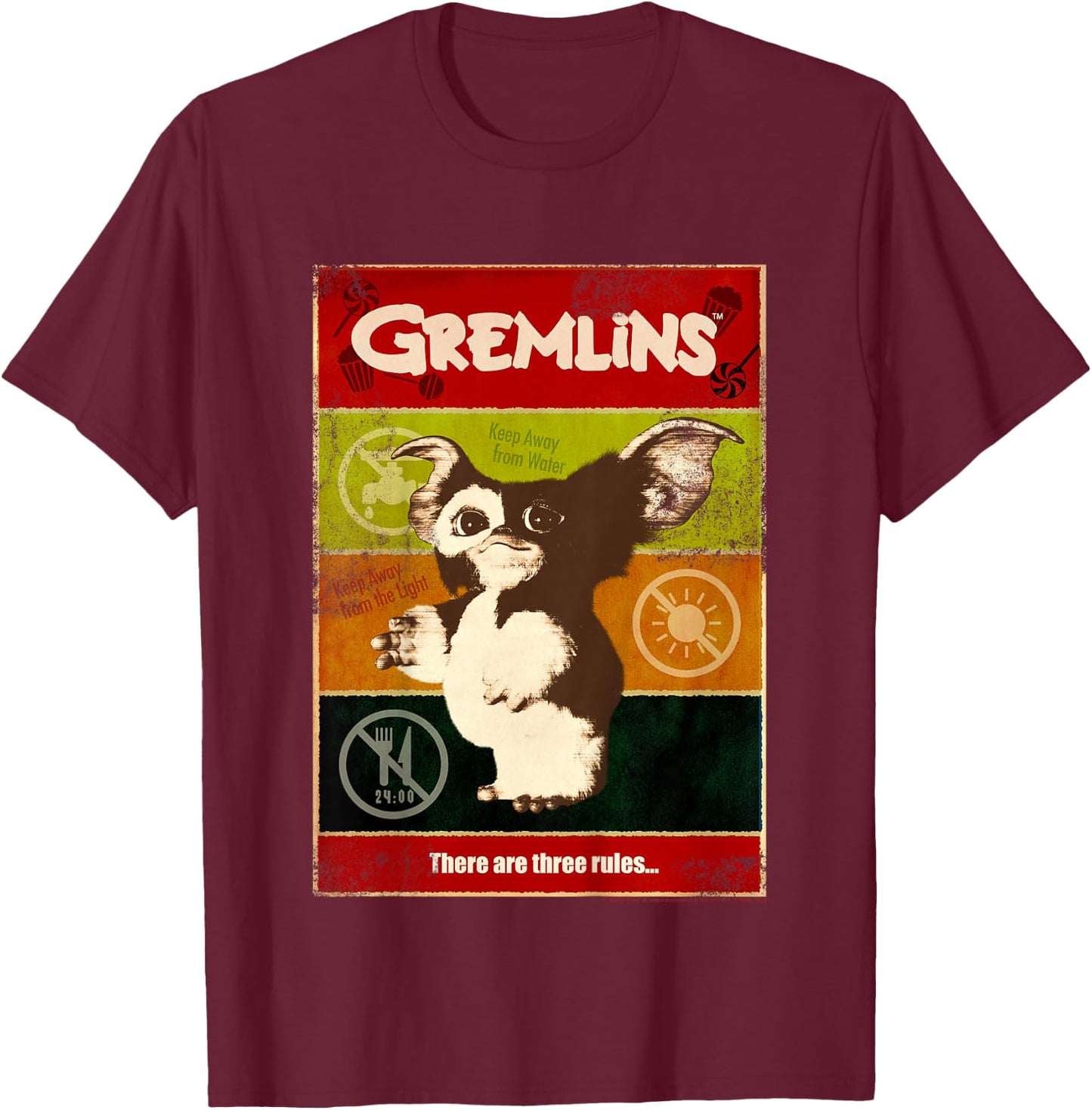 Kids Gremlins Gizmo Paneled Three Rules Poster T-Shirt - T-Shirt | Maroon