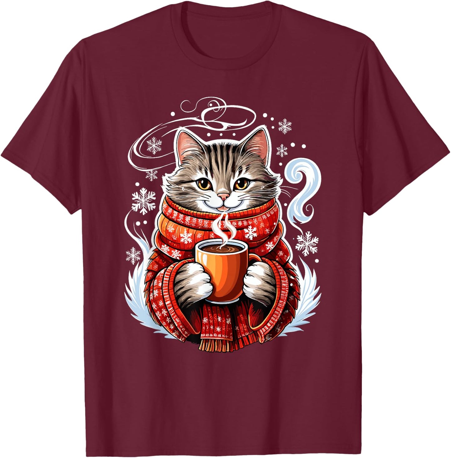 Cozy Cat Fun Winter Design T-Shirt - T-Shirt | Maroon