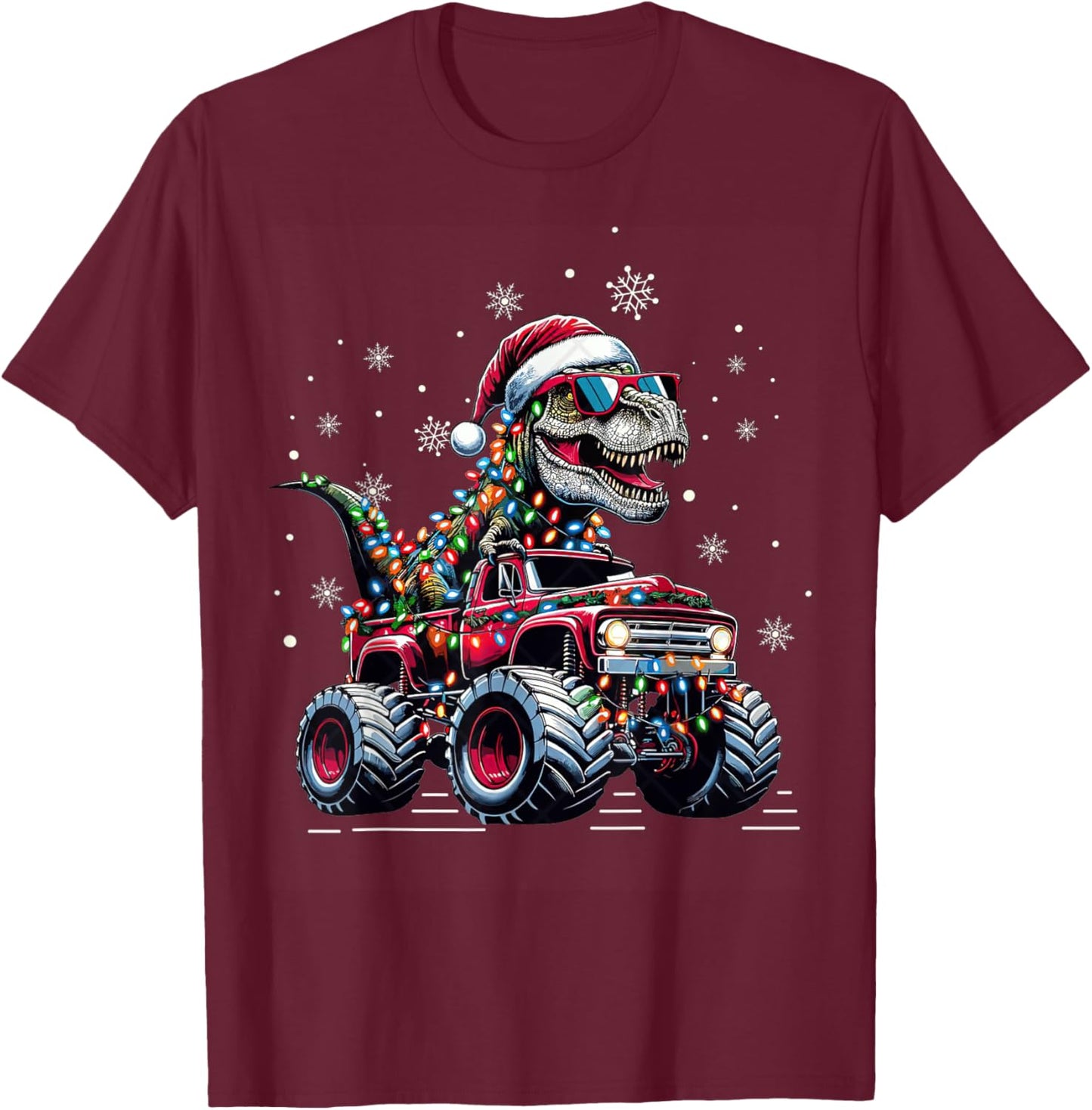 Monster Truck Dinosaur TRex Christmas Boys Kids T-Shirt - T-Shirt | Maroon