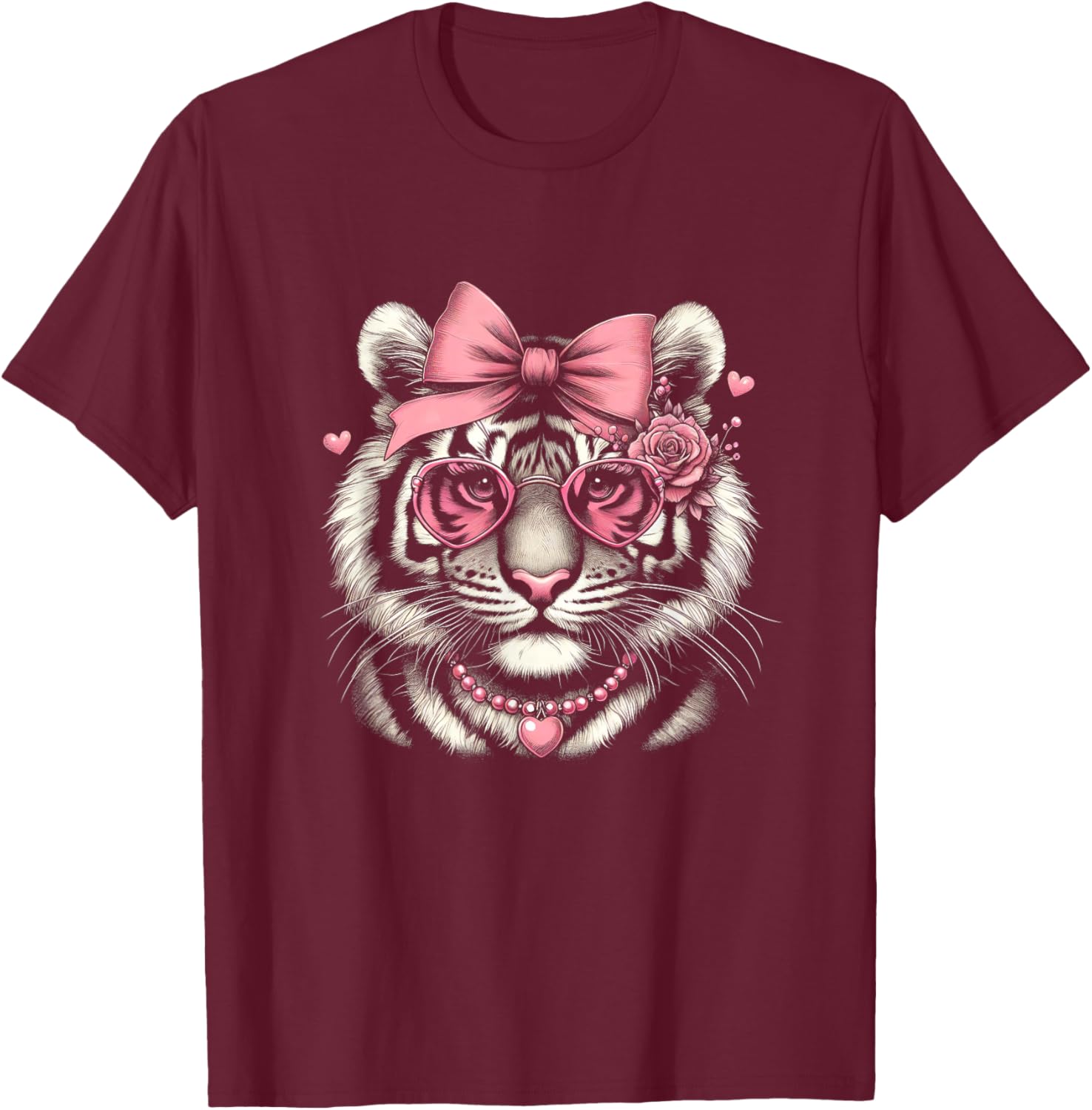 Tiger for Girls with Pink Glasses Graphic Art Design T-Shirt - T-Shirt | Maroon