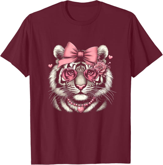 Tiger for Girls with Pink Glasses Graphic Art Design T-Shirt - T-Shirt | Maroon