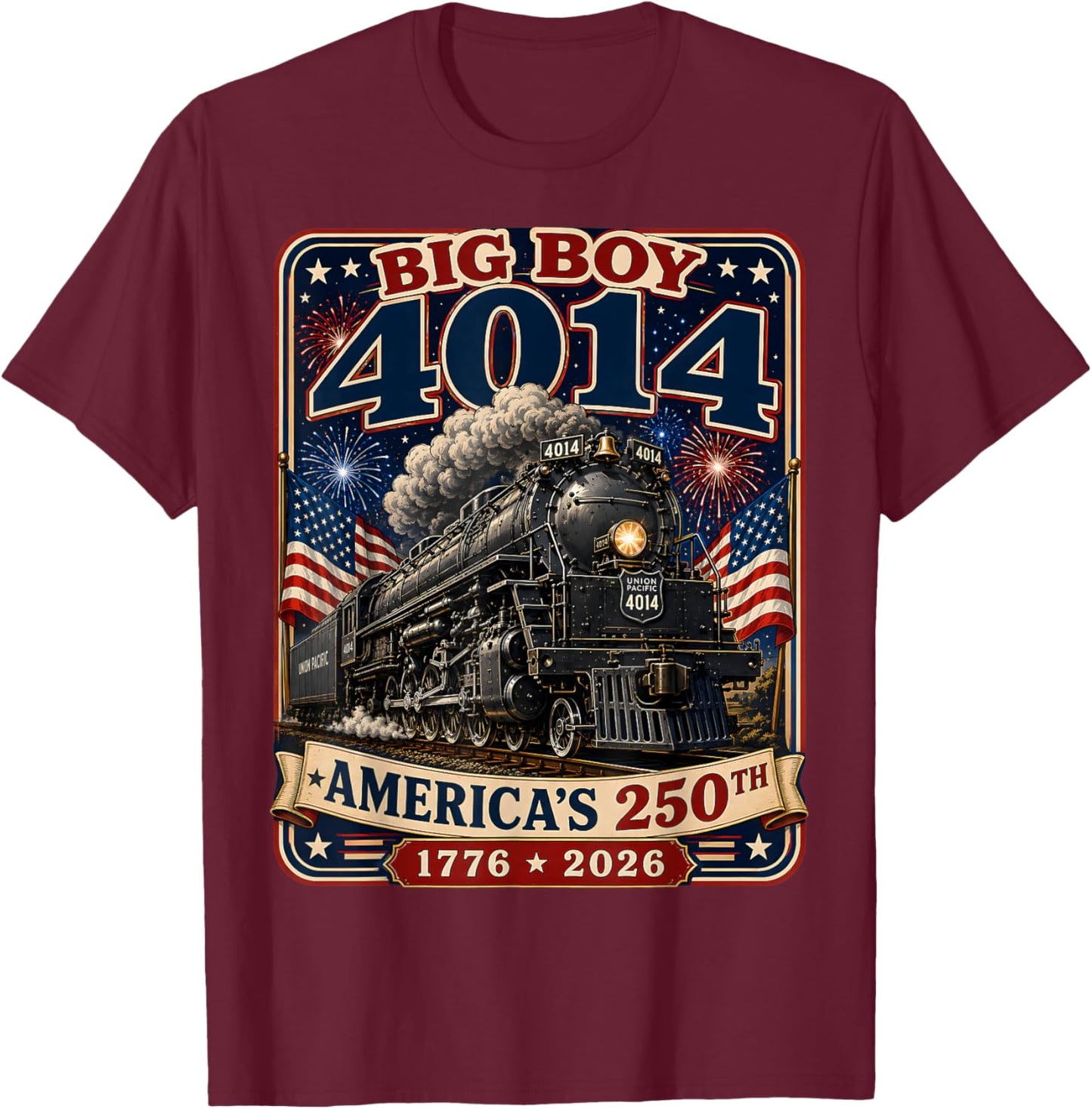 Big Boy 4014 Train 4th of July Retro US Flag Vintage Apparel T-Shirt - T-Shirt | Maroon