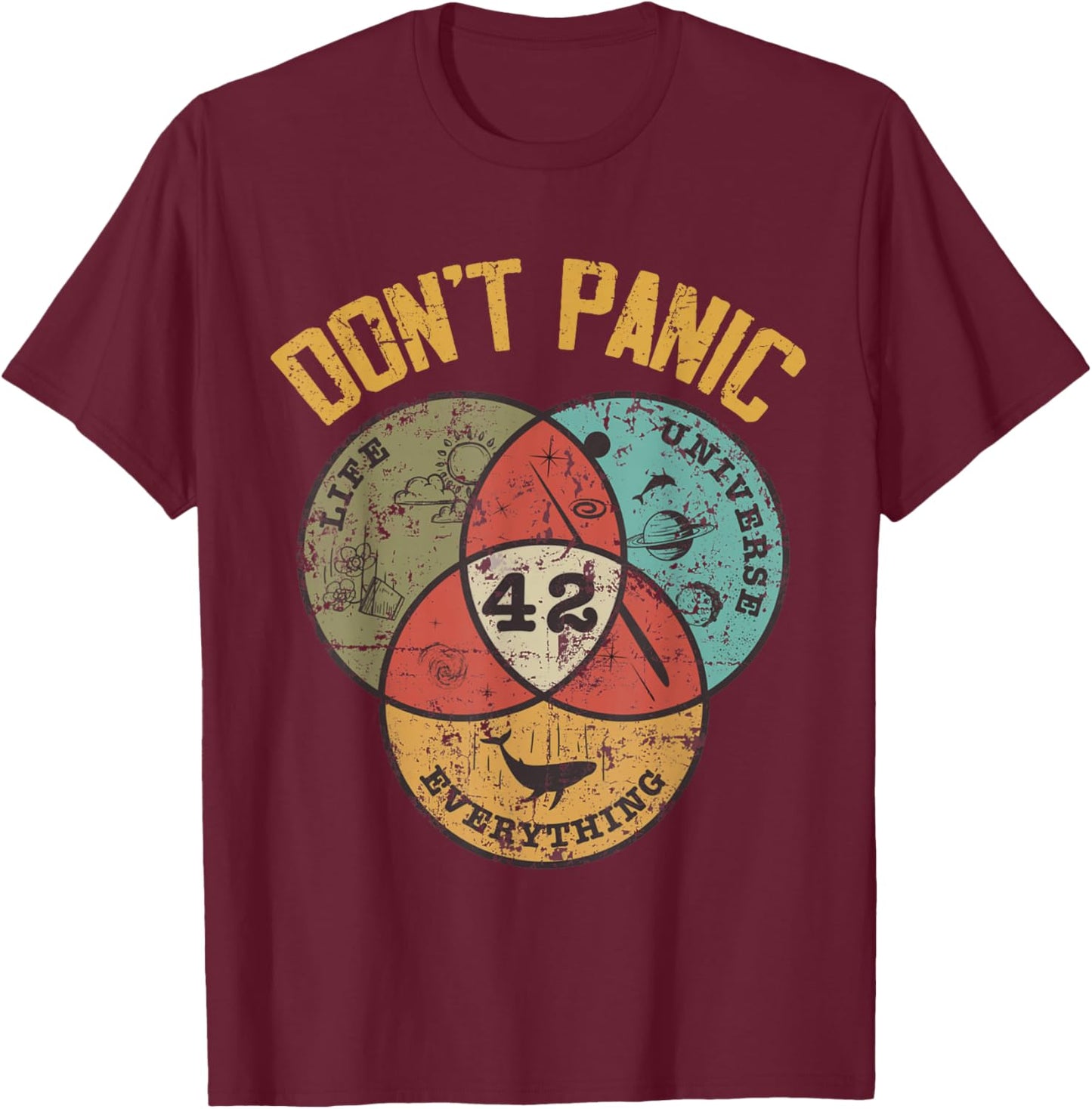 42 Answer to Life The Universe and Everything Don't Panic T-Shirt - T-Shirt | Maroon