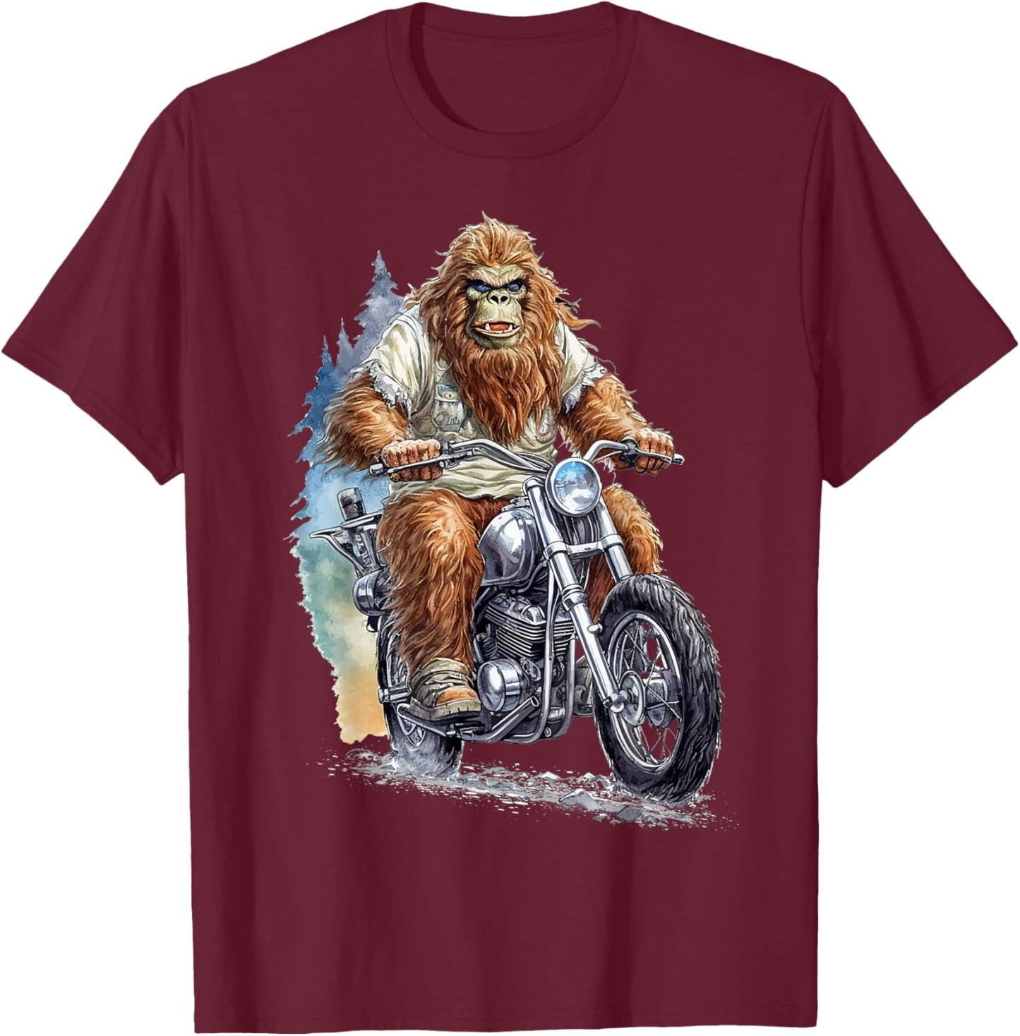 Bigfoot Riding Motorcycle Bike Funny Bigfoot Sasquatch Biker T-Shirt - T-Shirt | Maroon