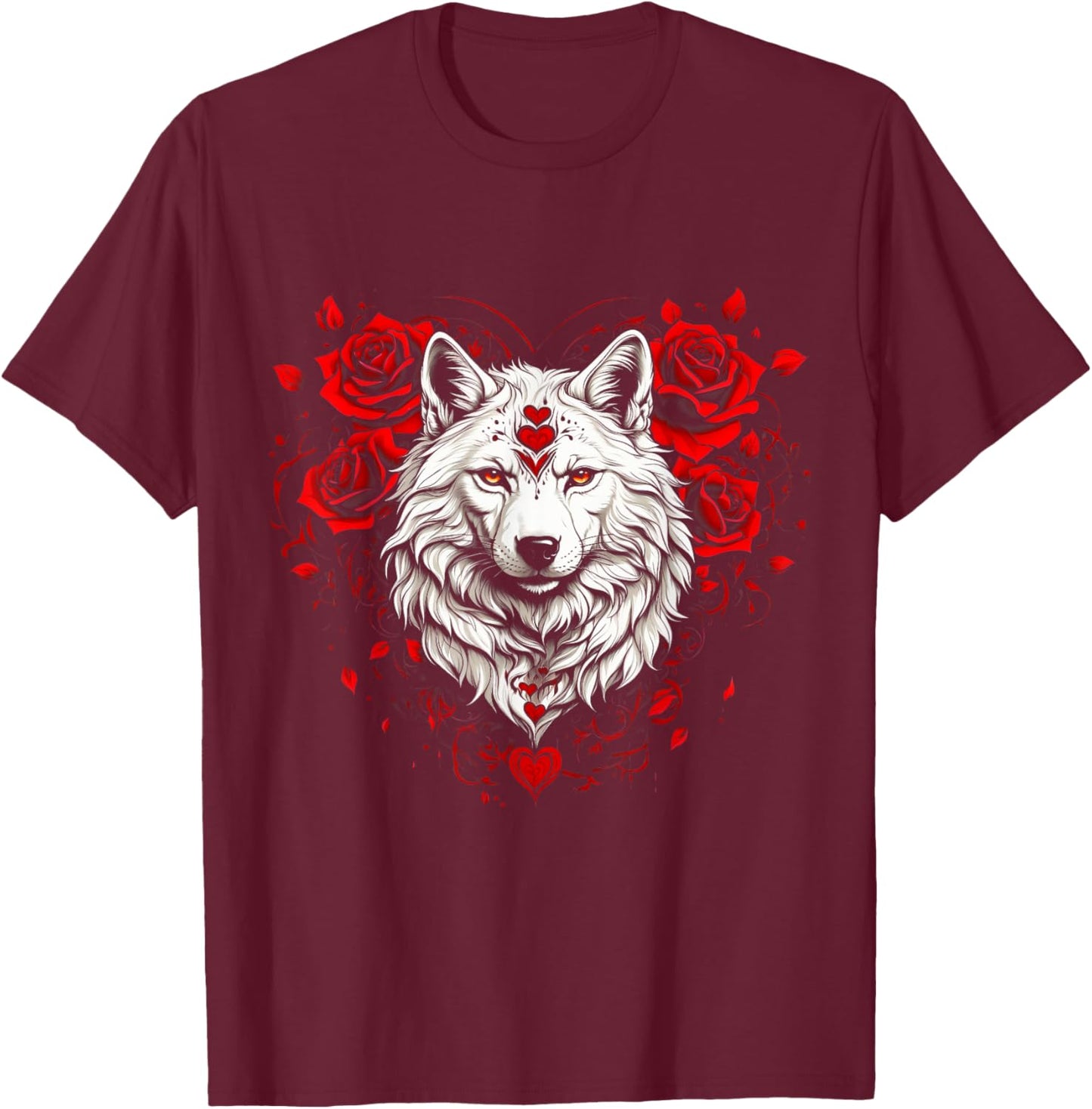Floral Wolf Valentines Day Flowers Rose Vintage Loves Wolves T-Shirt - T-Shirt | Maroon